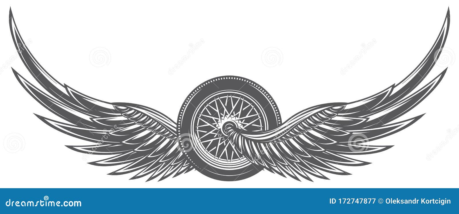 Vector Monochrome Illustration with Wings and Wheel Stock Vector