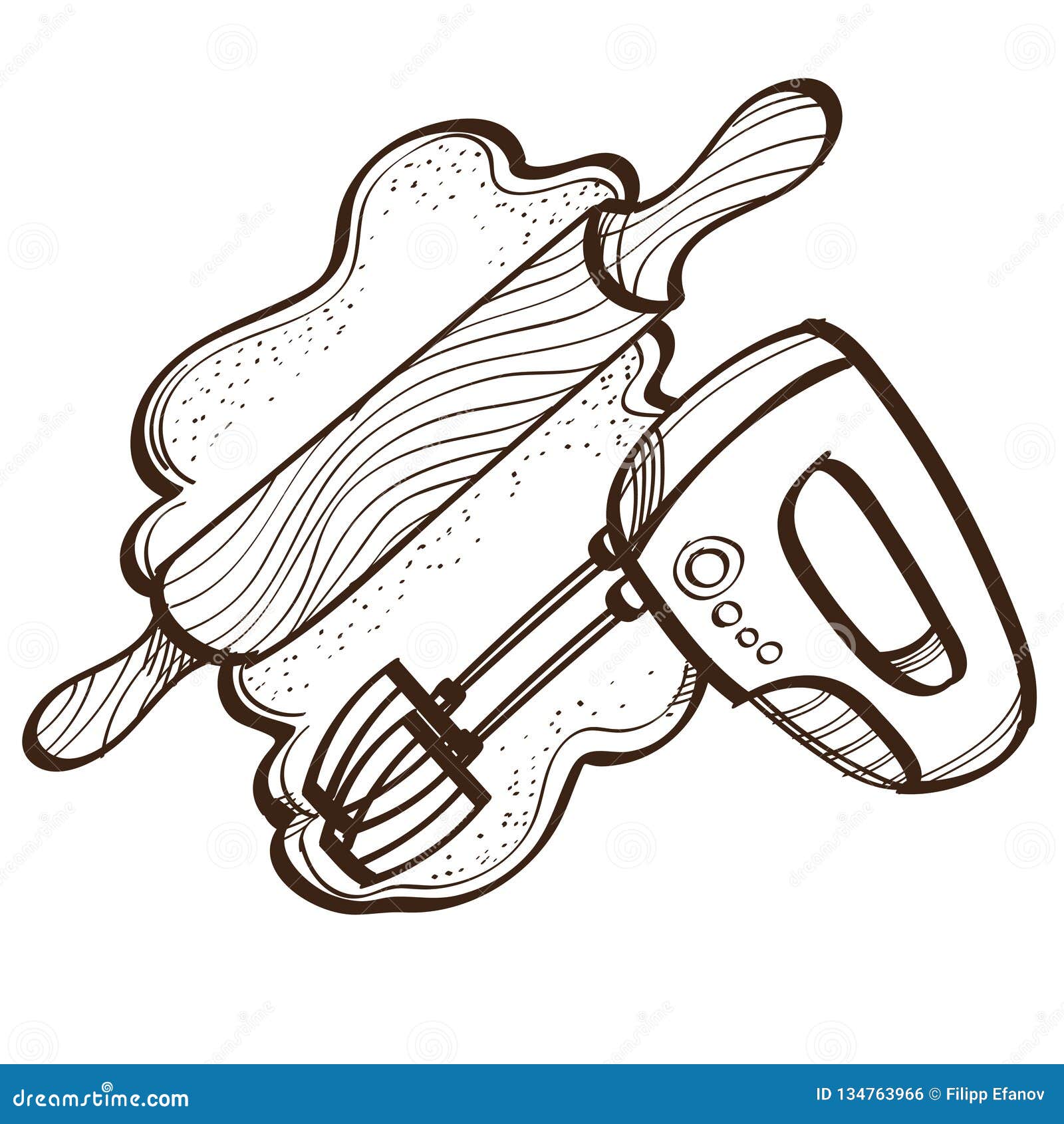 Vector Monochrome Set of Rollout Dough with Rolling Pin and Mixer