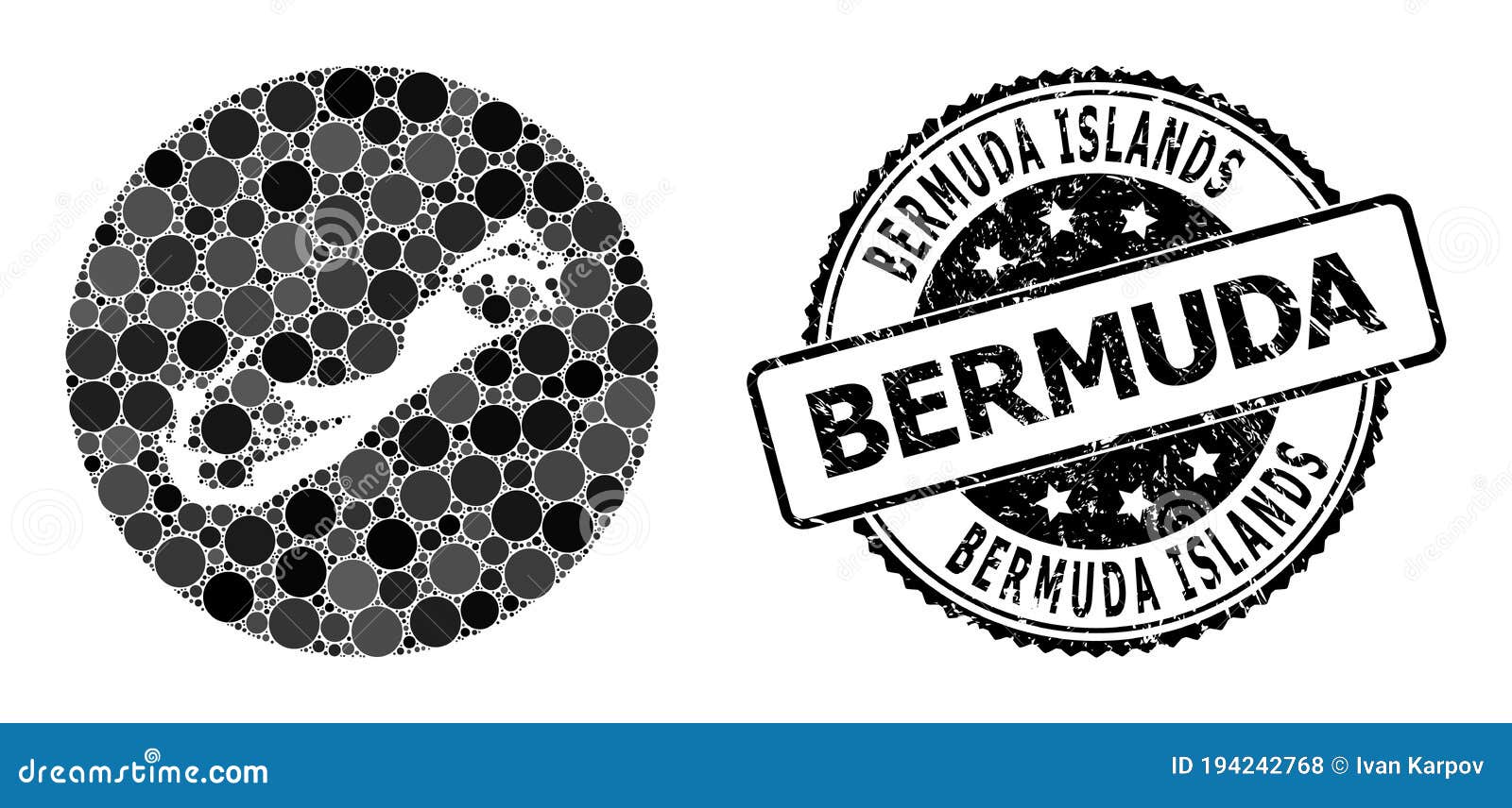 mosaic stencil circle map of bermuda islands and grunge stamp