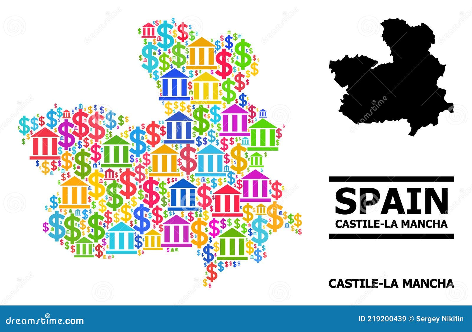 Vector Mosaic Map of CastileLa Mancha Province of Banking and Commercial Items Stock Vector