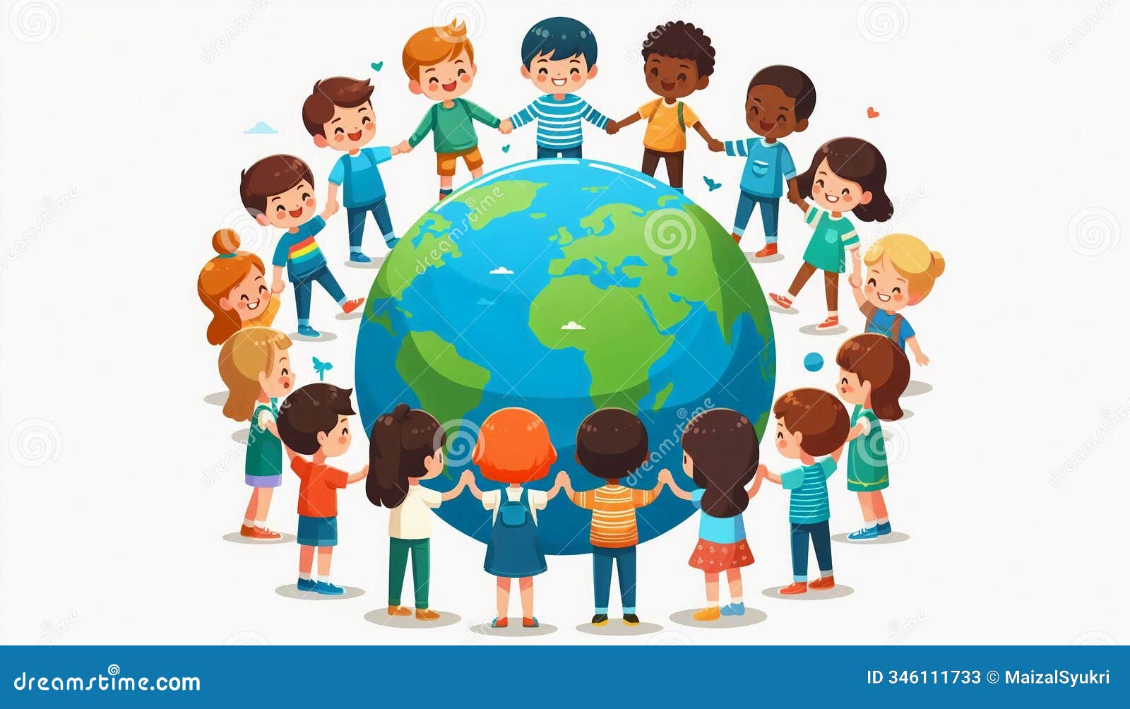 diverse kids holding hands in a circle around earth, izing unity, modern flat ,  on white
