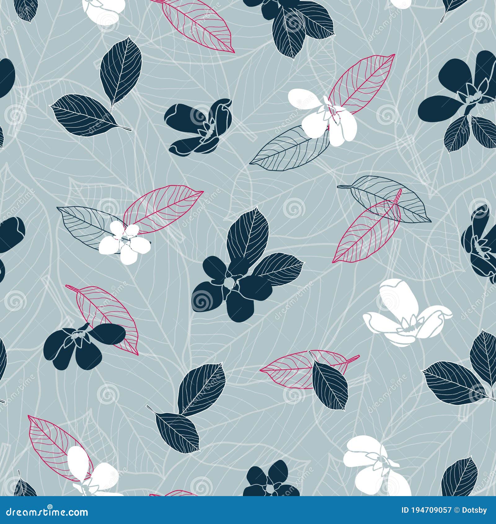Vector Navy Blue Flowers Grey Seamless Pattern Stock Vector