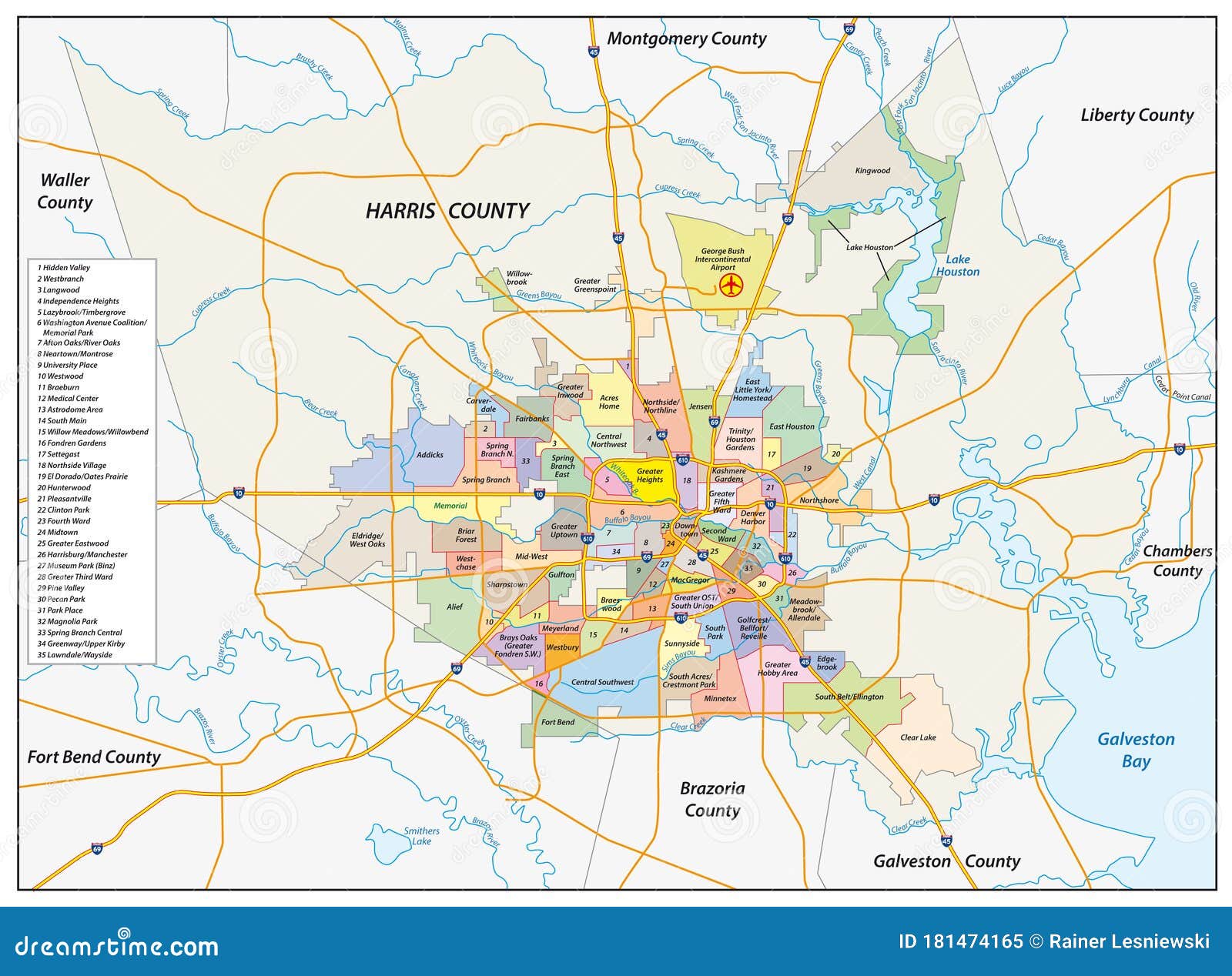 Vector Neighborhood Map Of The Texas City Of Houston, United States ...