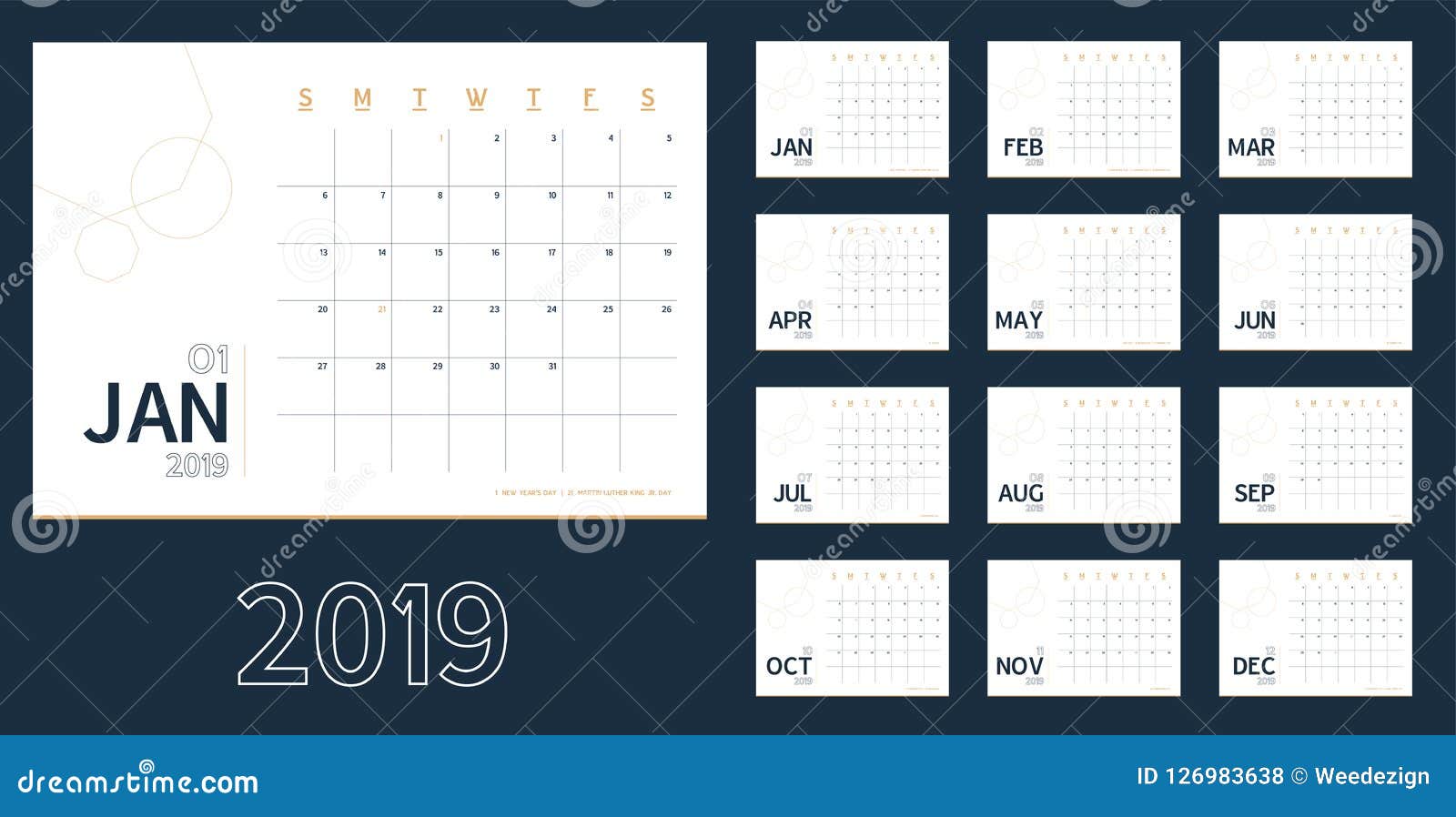 Vector Of 19 New Year Calendar In Clean Minimal Blue Table Sim Stock Vector Illustration Of Page Month