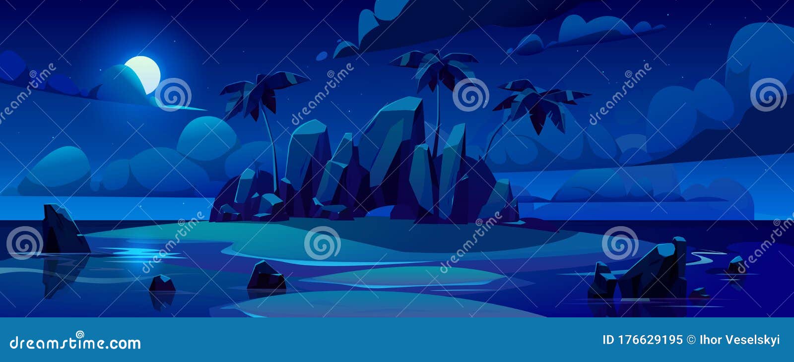 Vector Night Tropical Island in Ocean Stock Illustration - Illustration ...