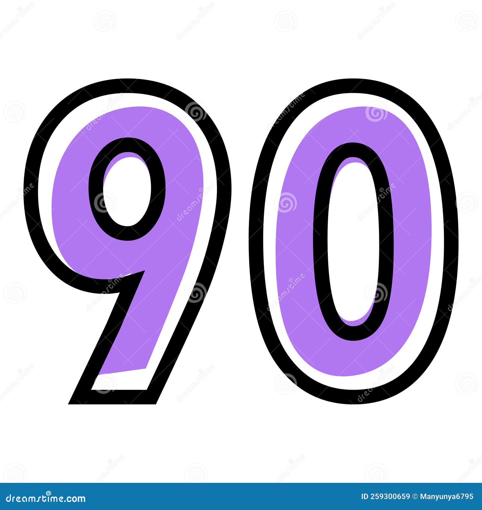 Vector Number 90 with Purple Color and Black Outline Stock Vector