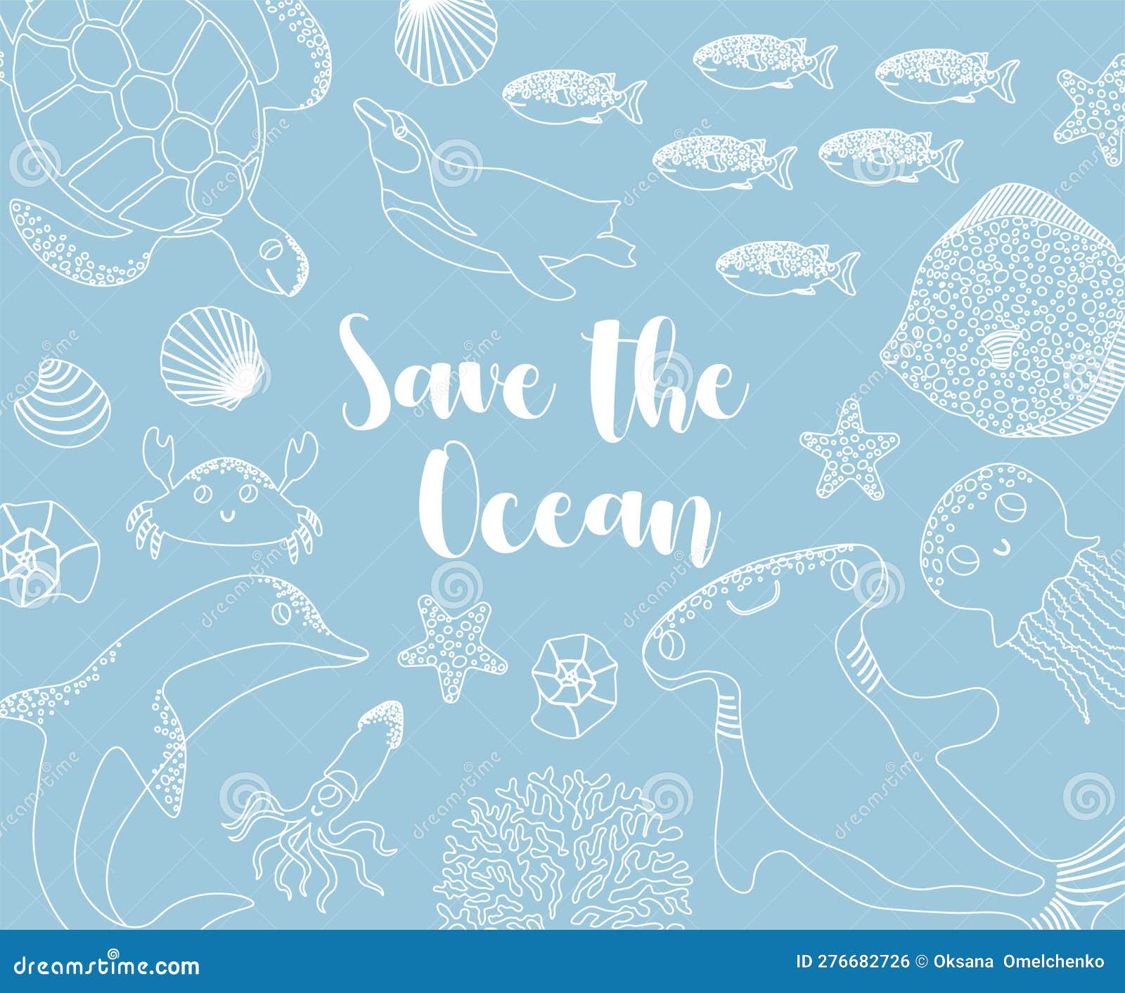  ocean  with hammer fish,ellyfish,devil fish,penguin,crab.save the ocean - modern lettering.underwater