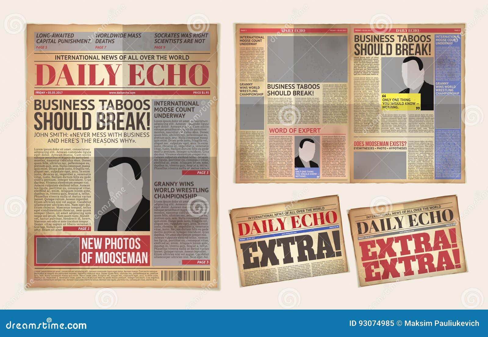  old daily newspaper template, tabloid, layout posting reportage