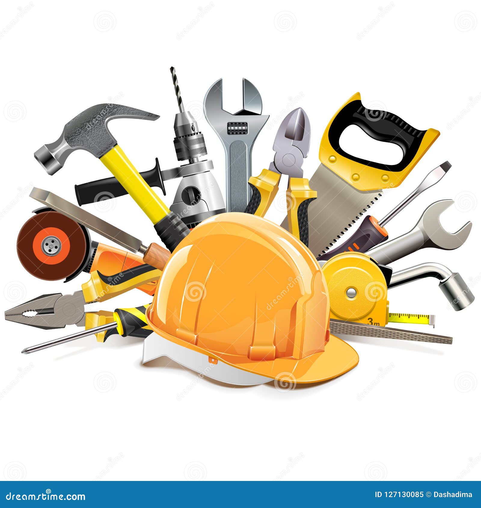  orange construction helmet with hand tools