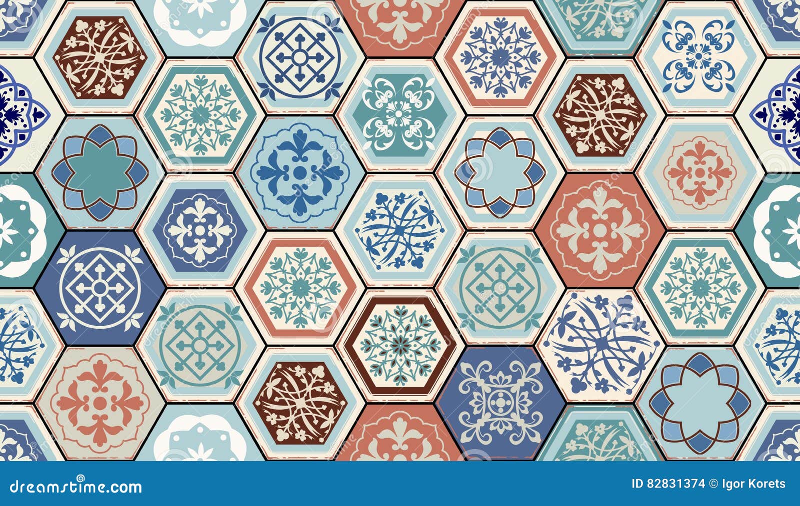  oriental seamless pattern. realistic vintage moroccan, portuguese hexagonal tiles.