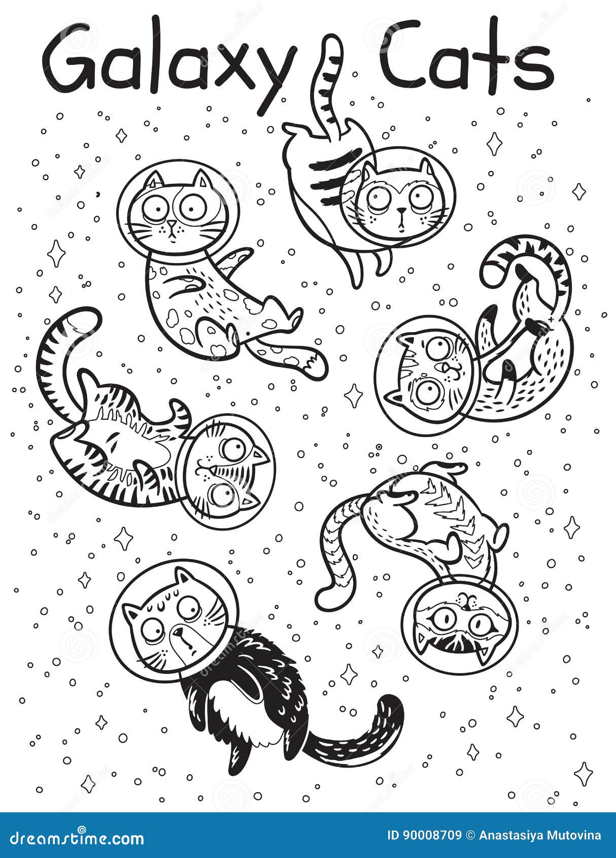 Vector Outline Print With Cats  In Space  Coloring  Book 