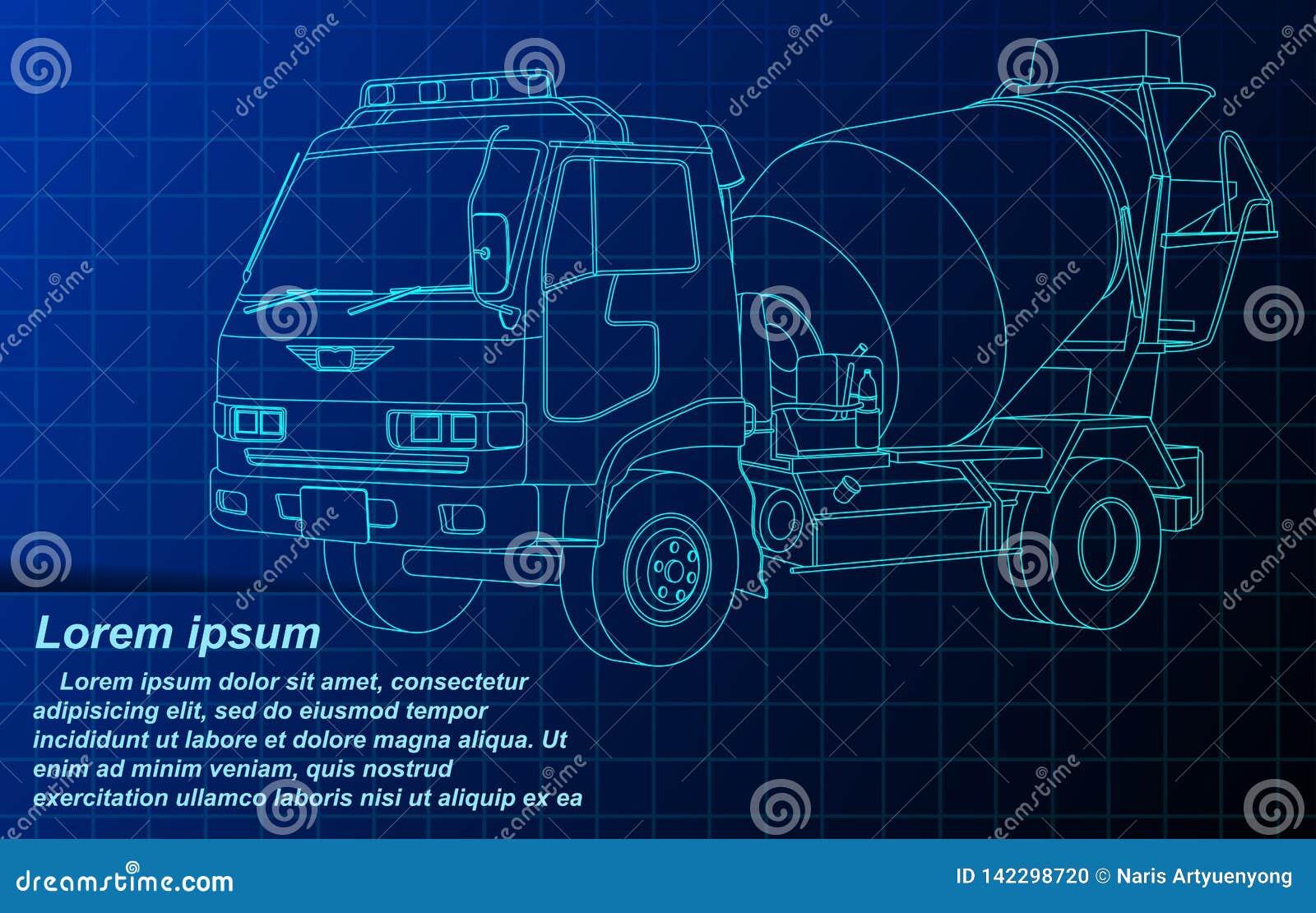 Vector Outline Sketch Cement Truck On Blueprint. Stock Vector