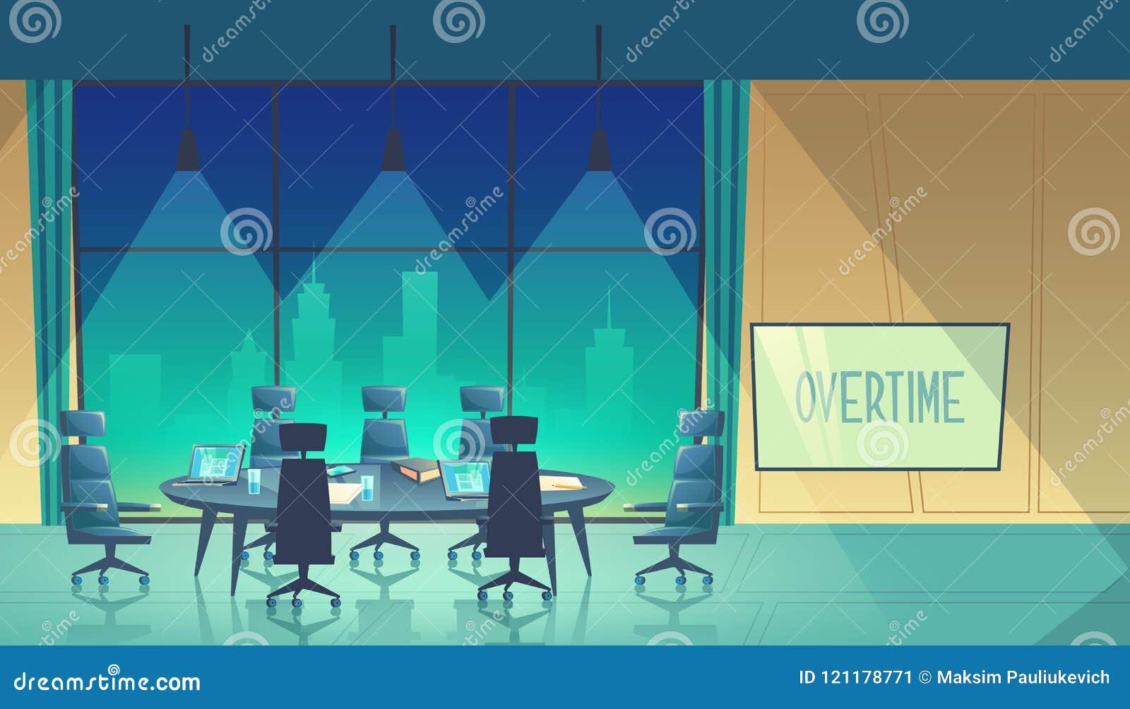  overtime concept - conference hall at night