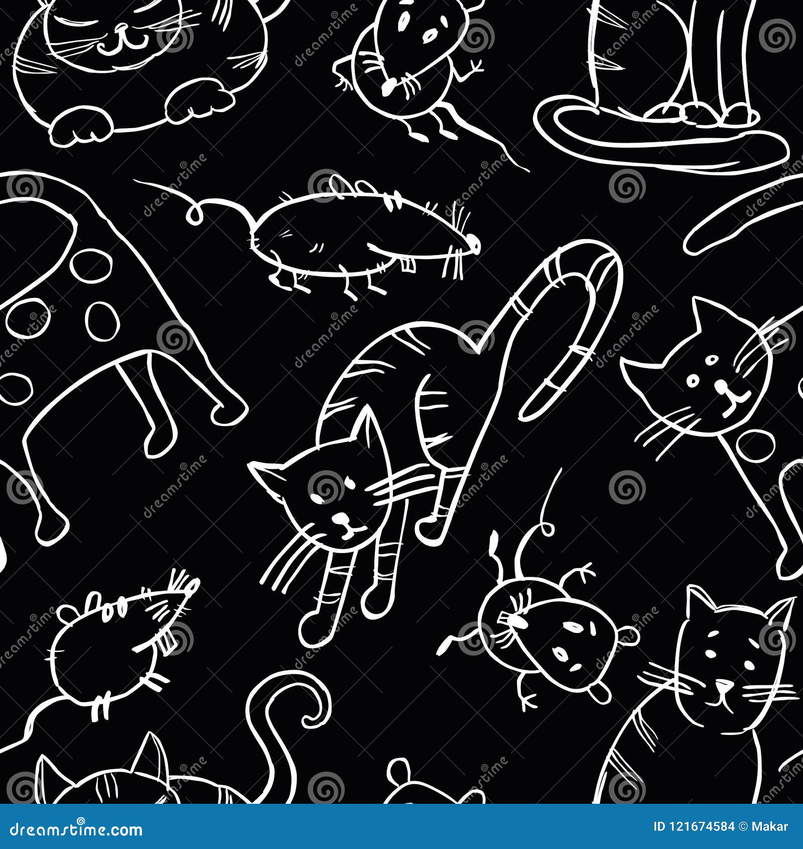 Seamless Background of the Cats and Rats Sketches Stock Vector