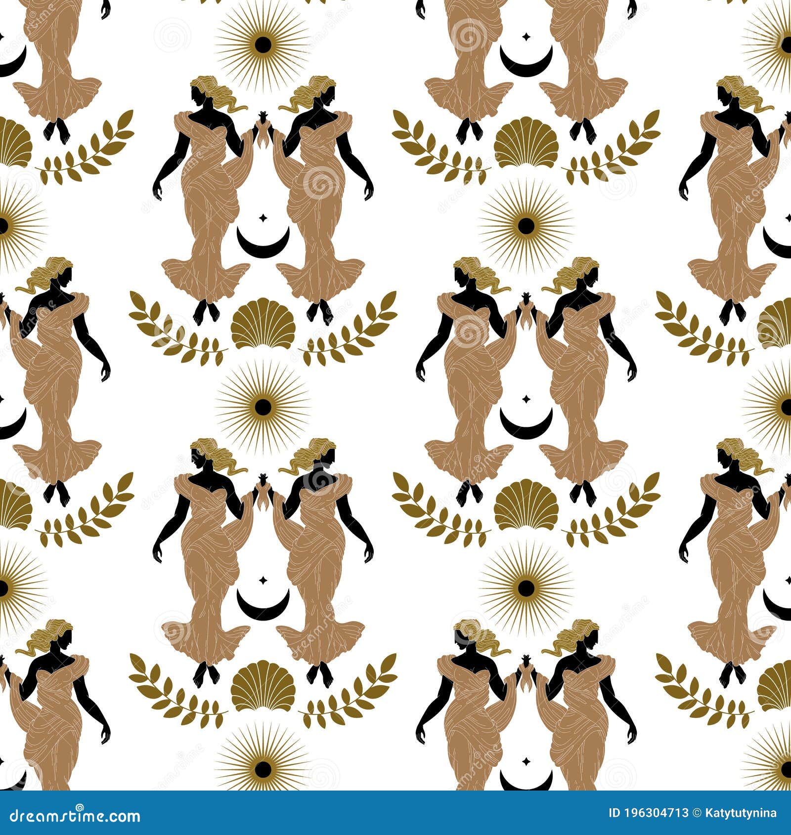 Vector Pattern with Hand Drawn Illustration of Aphrodite in Long Dress Vector Pattern with Hand Drawn Illustration of Aphrodite in Long Dress
