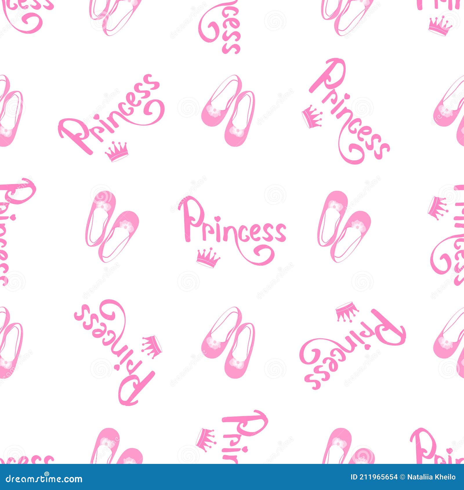 Vector Pattern with the Inscription Princess, Crown and Shoes in Pink