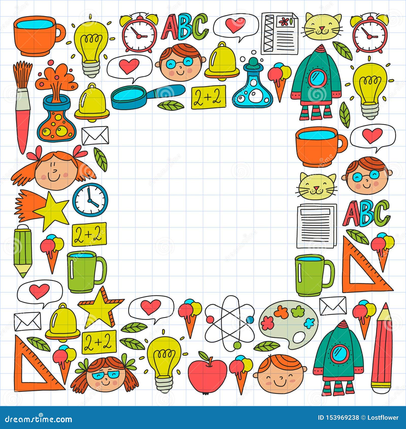 Vector pattern with school icons with little students. Children study chemistry, creativity, mathematics, physics