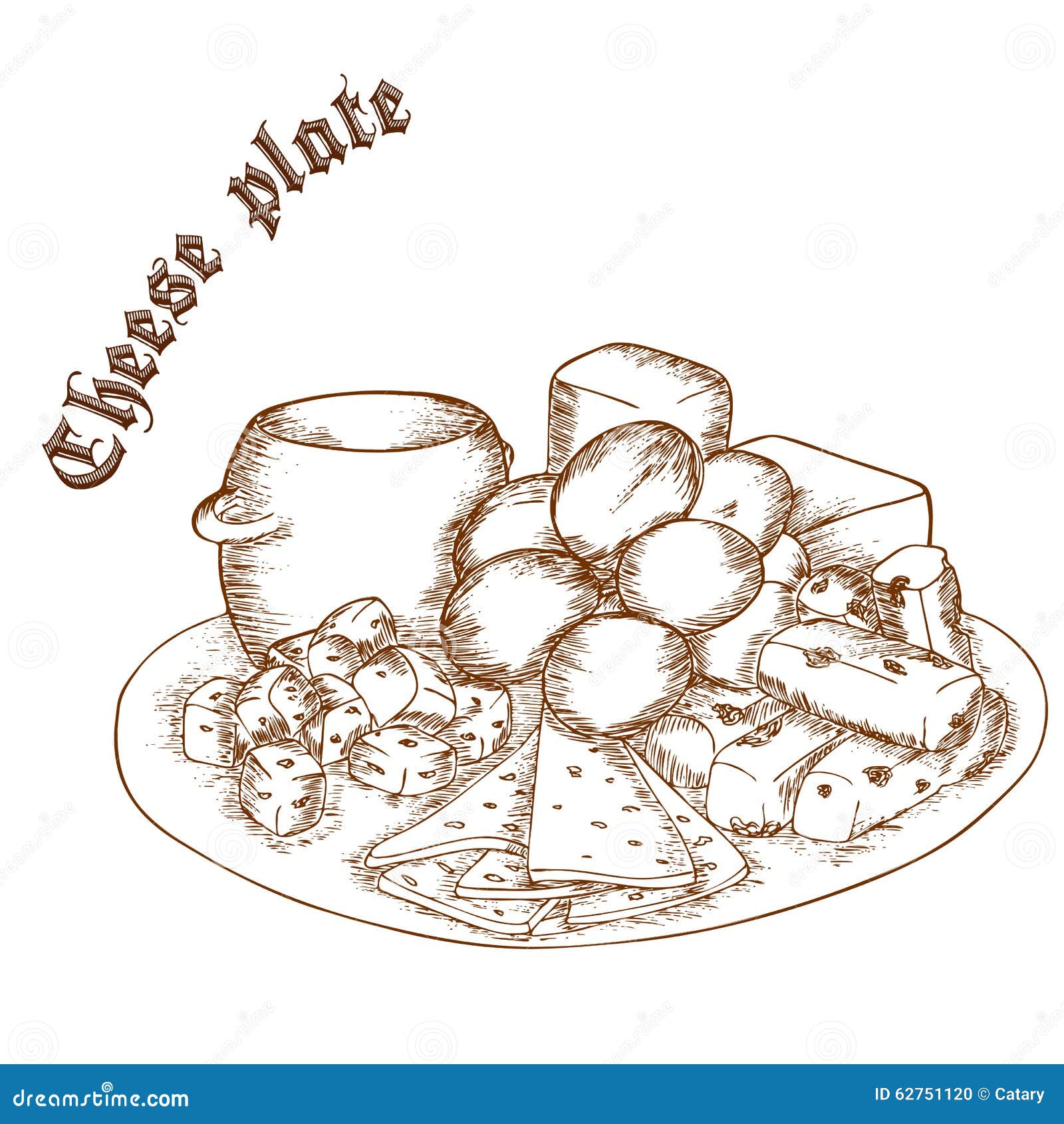 Vector Pencil Hand Drawn Illustration of Cheese Plate with Label Stock
