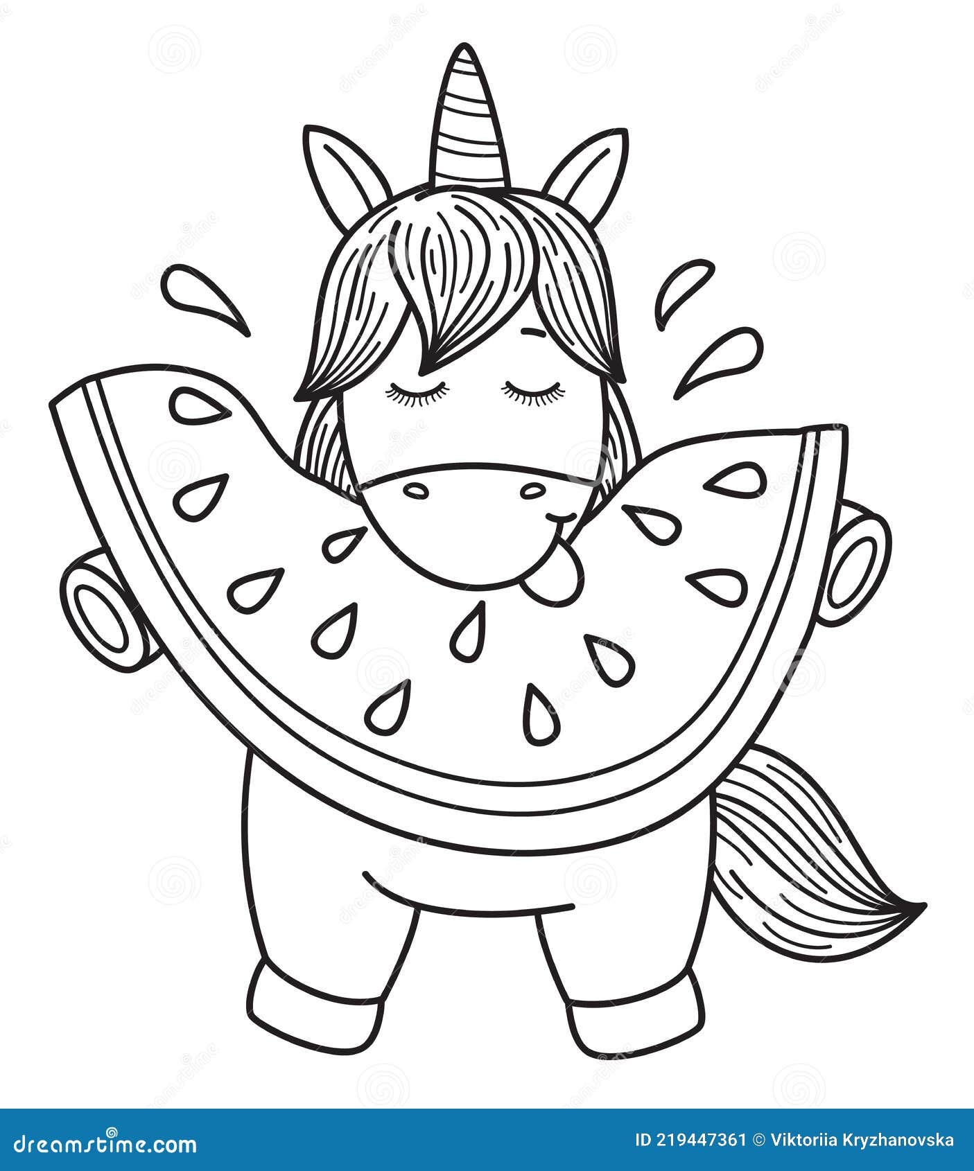 nieve Hombre rico Desierto Vector Pequeño Unicornio Dibujos Animados Comer Sandía. Siluetas Negras  Para Niños Para Colorear Ilustración del Vector - Ilustración de cabritos,  bosquejo: 219447361