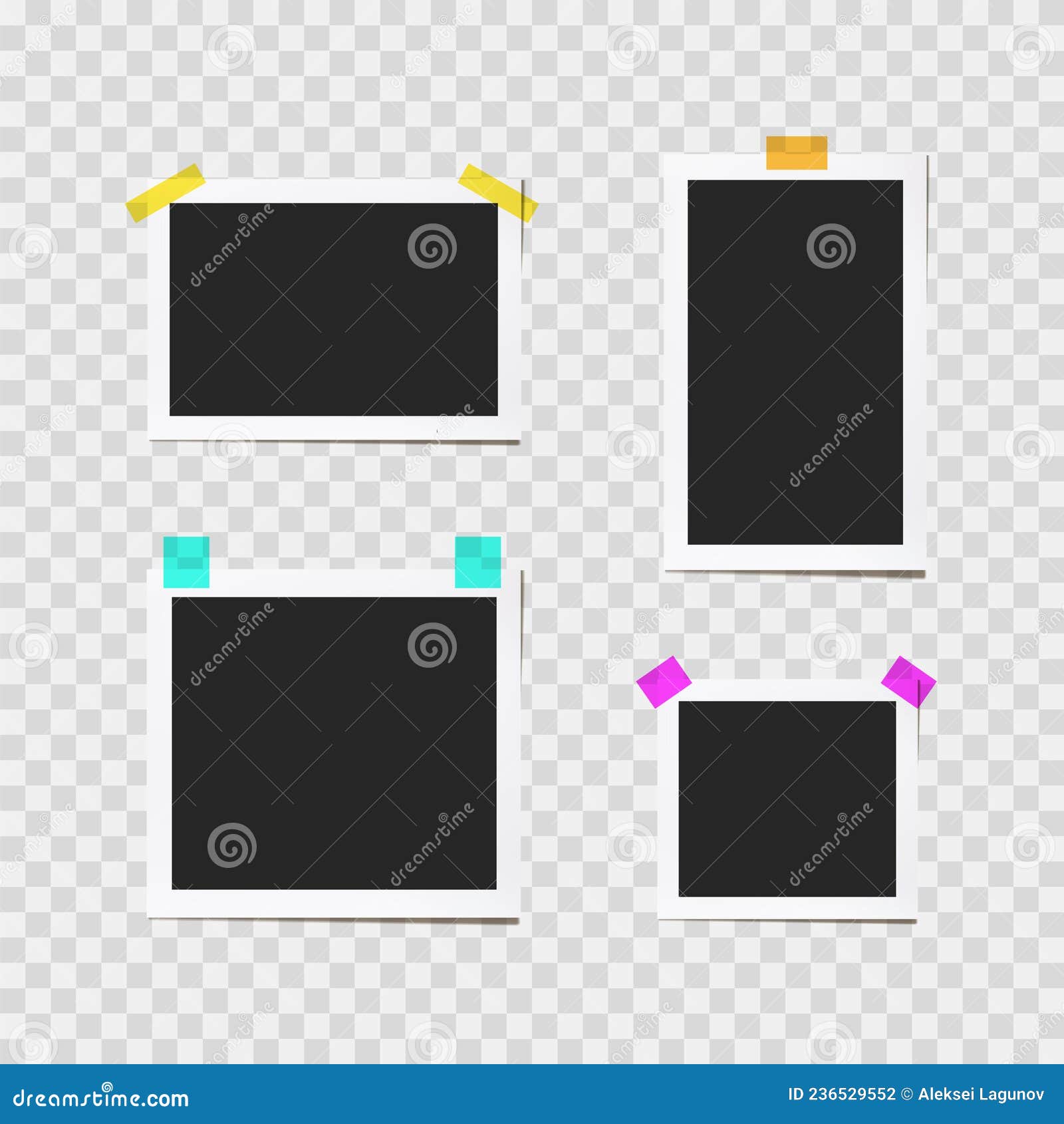  photography frames, set  on light transparent background, retro instant photos, white frames.