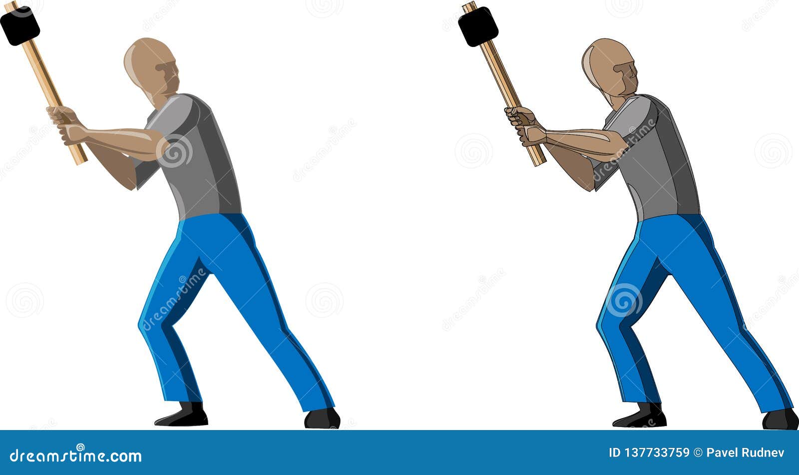 Vector Picture of Man Working with Hammer in 2 Options with Outlines