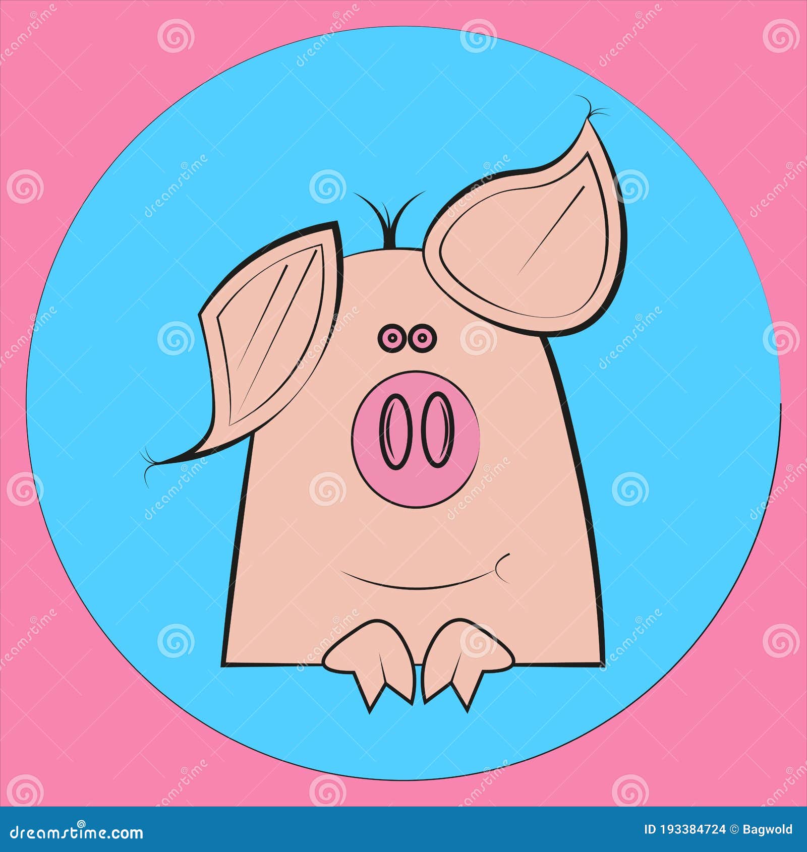 Vector Pig Drawing on Blue and Pink Background Stock Illustration