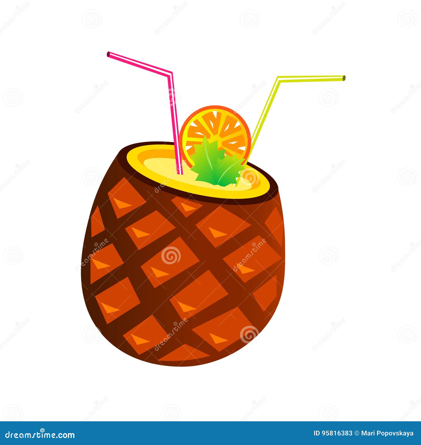 Vector Pineapple Cocktail with Tubes and Orange Slice Stock Vector