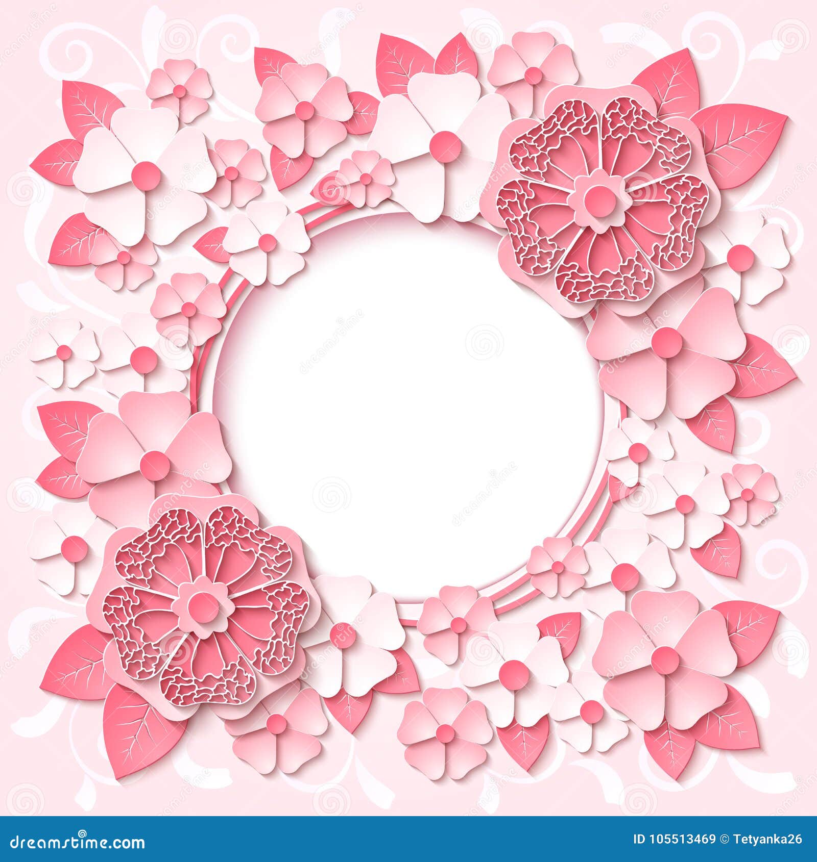 vector pink round frame with 3d paper cut out flowers stock paper flower cut out