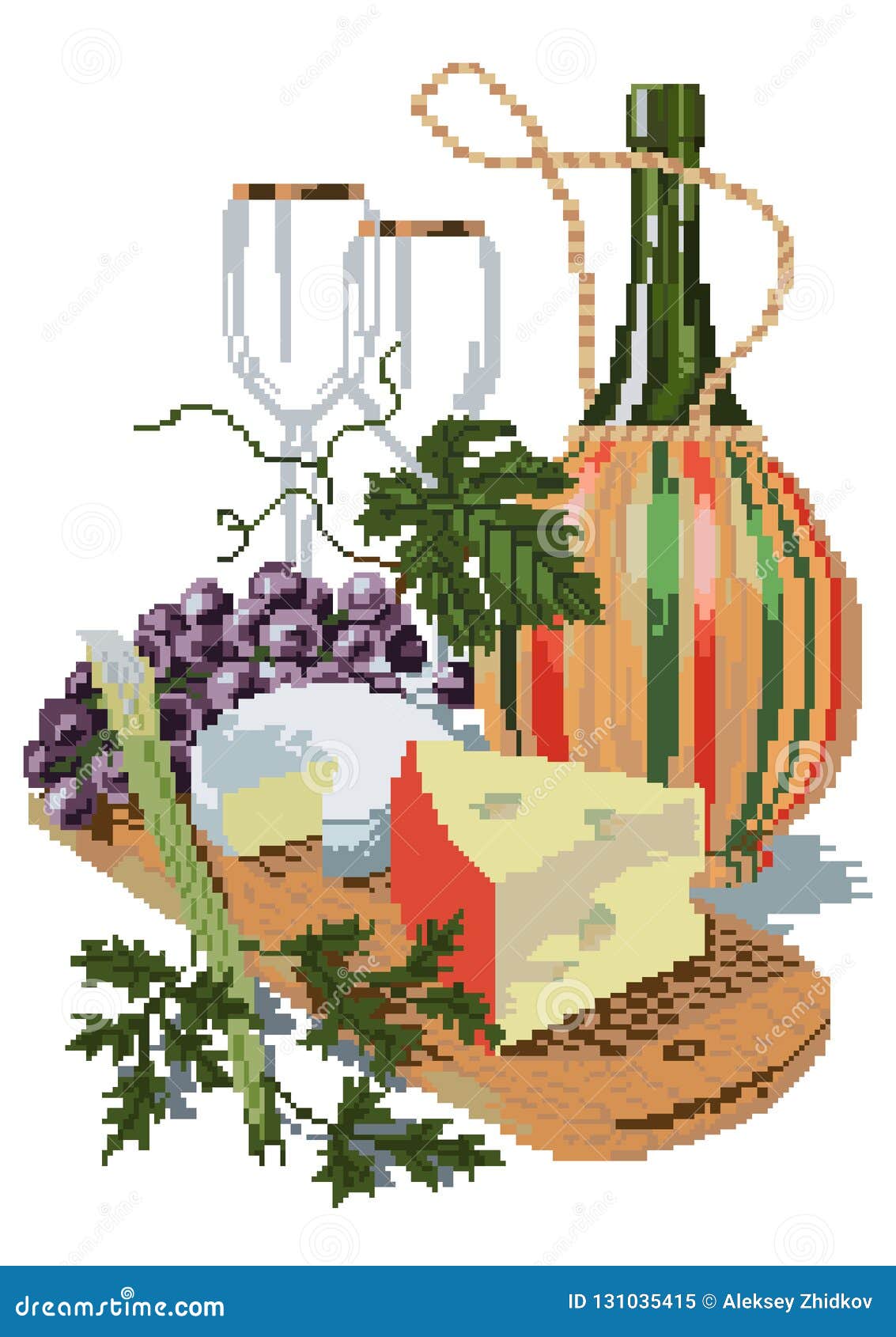 Vector Pixel Art Vector Illustration With Cheese Wine Grapes