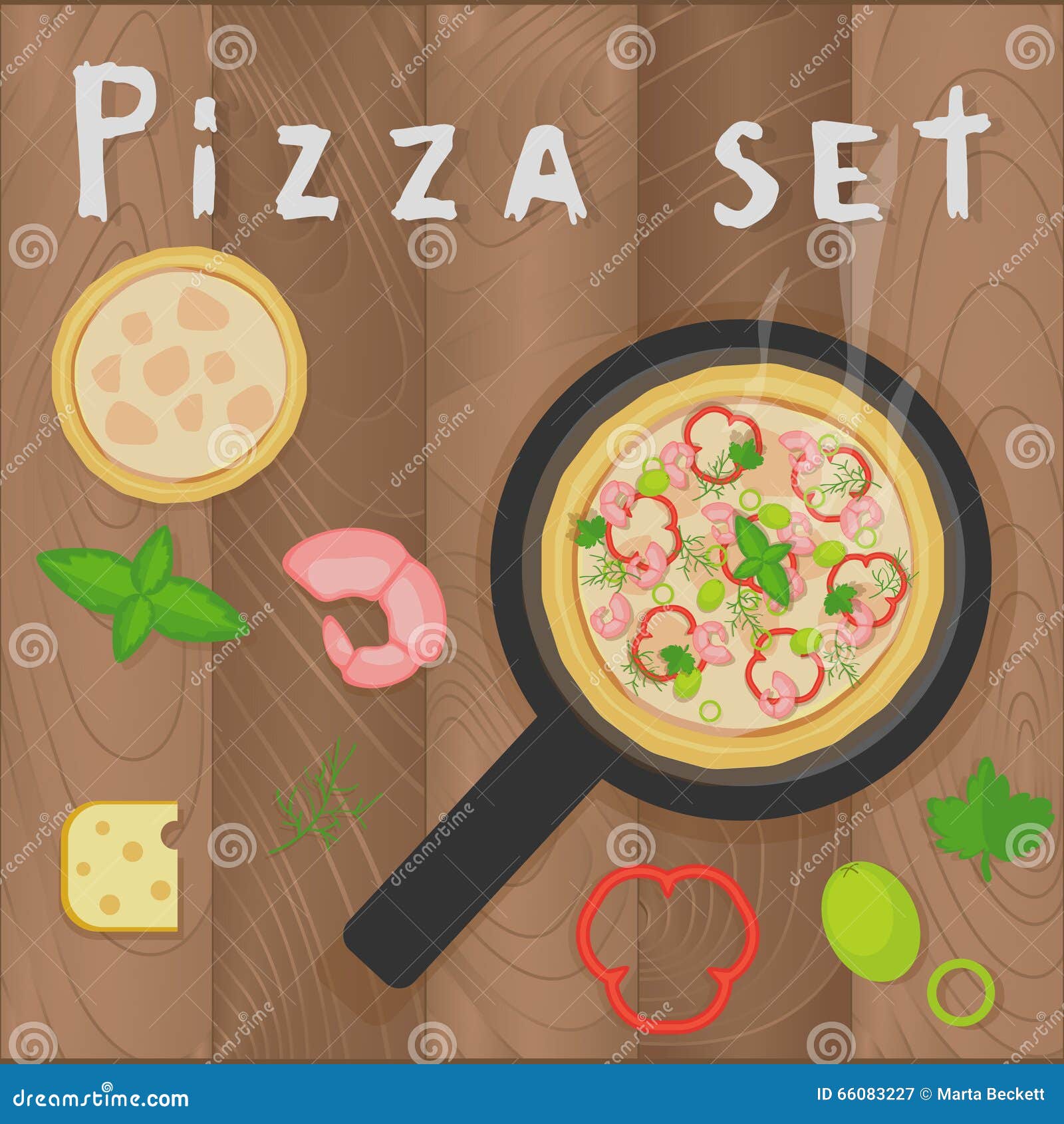 Vector pizza marinara set on wooden background in flat style. Pizza ingredients, shrimps, pepper, basil, olive, vegetables, cheese, parsley, dill, frutti di mare. Design for menu, brochures.