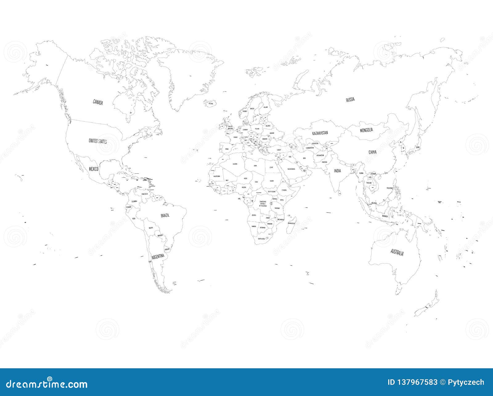 Vector Political Map Of World Black Outline On White Background With