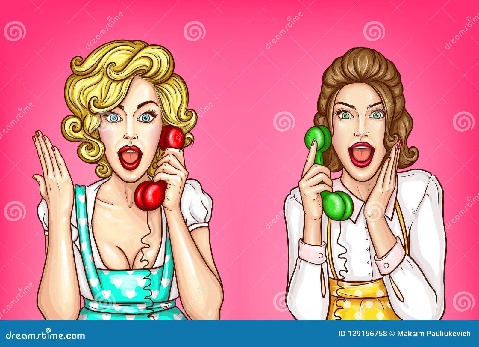  women talk on the phone, excited housewives