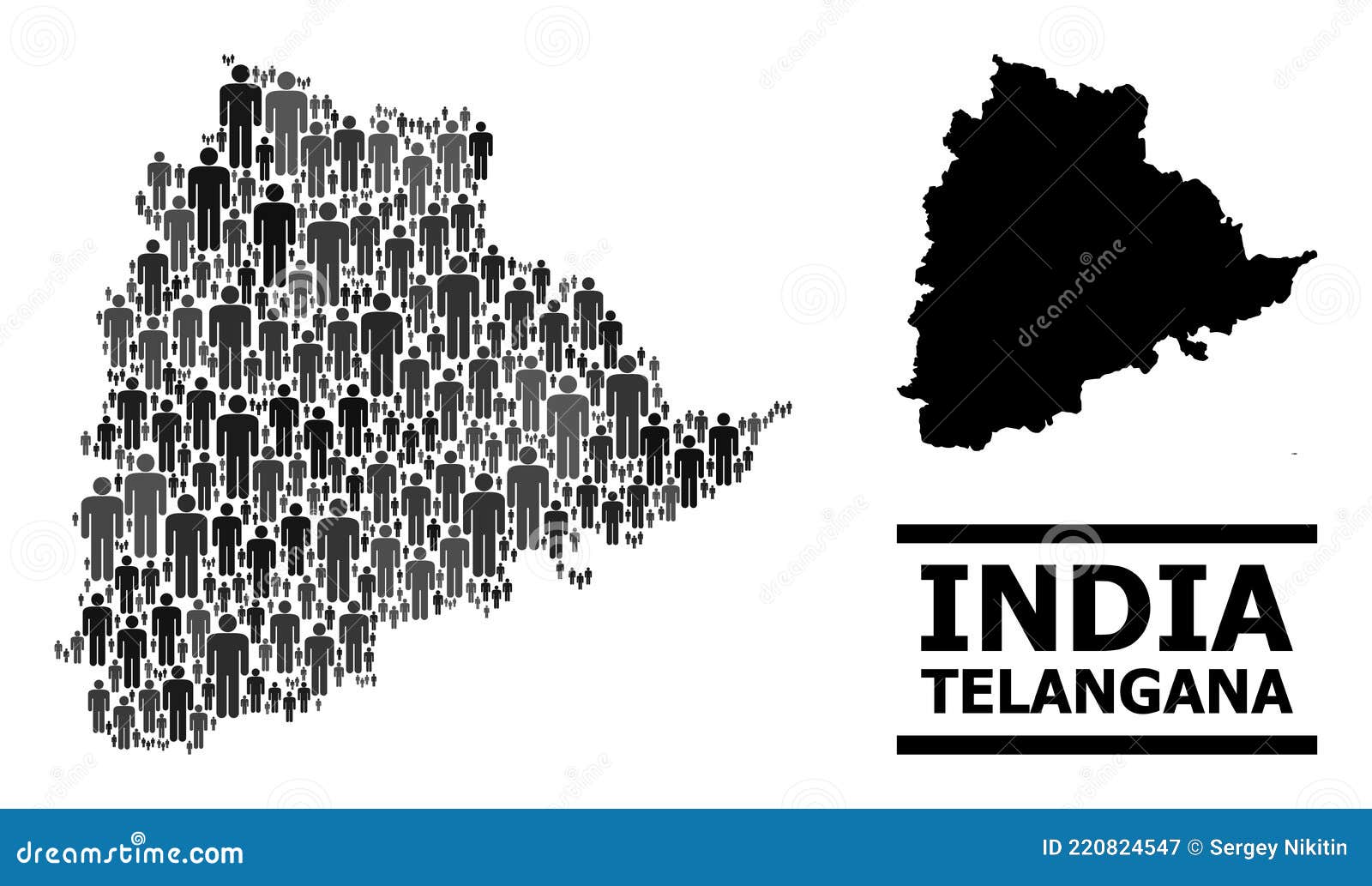 Vector Population Mosaic Map of Telangana State and Solid Map Stock