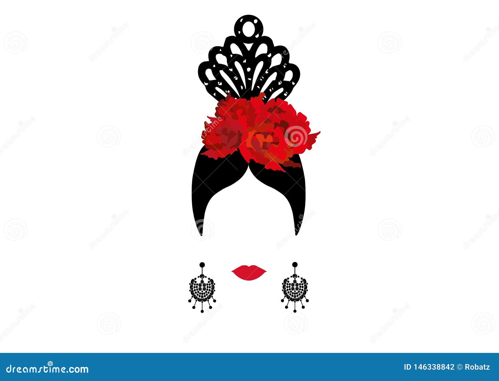 Vector Portrait Traditional Latin or Spanish Woman Dancer , Lady with Accessories Peineta, Earrings and Flower Stock Vector - Illustration of cartoon, entertainment: 146338842