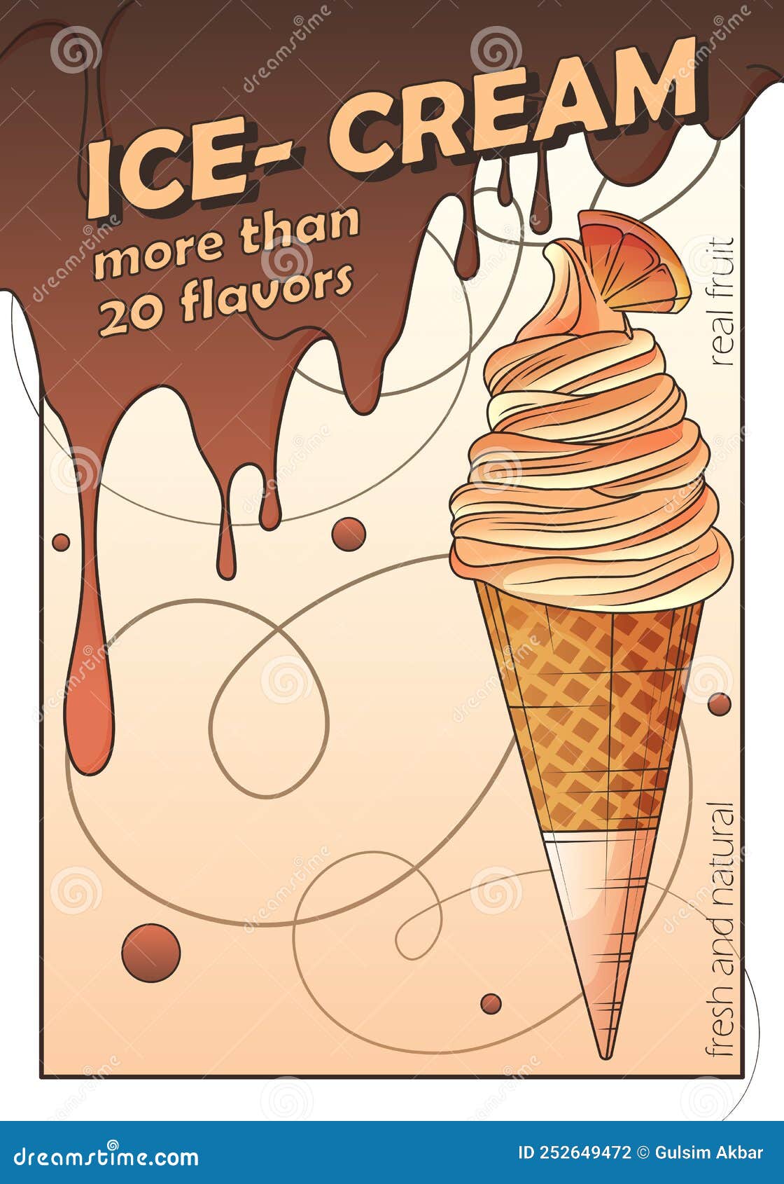 Vector Poster Background with Ice-cream in Waffle Cone with Chocolate on  the Backdrop. Stock Vector - Illustration of orange, handdrawn: 252649472