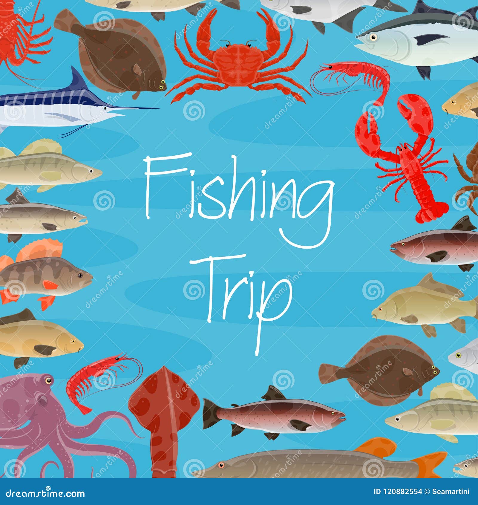 Download Vector Poster For Fishing Trip And Seafood Fish Stock Vector - Illustration of flounder, fauna ...