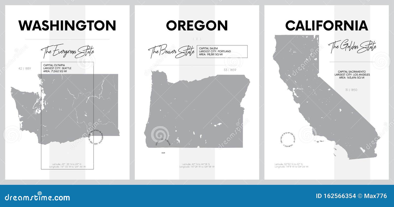  posters with highly detailed silhouettes of maps of the states of america, division pacific - washington, oregon,