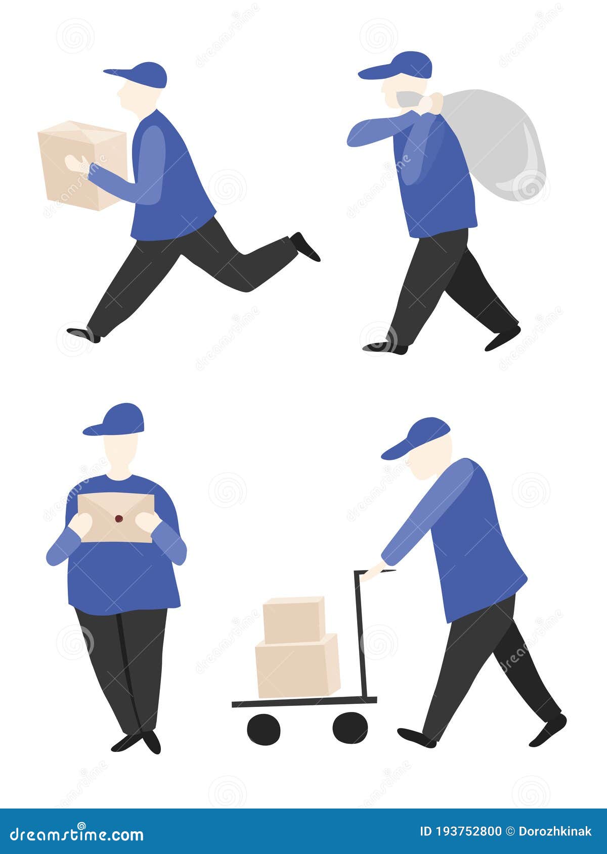Postman In Different Poses. Man With Letters. Vector Illustration