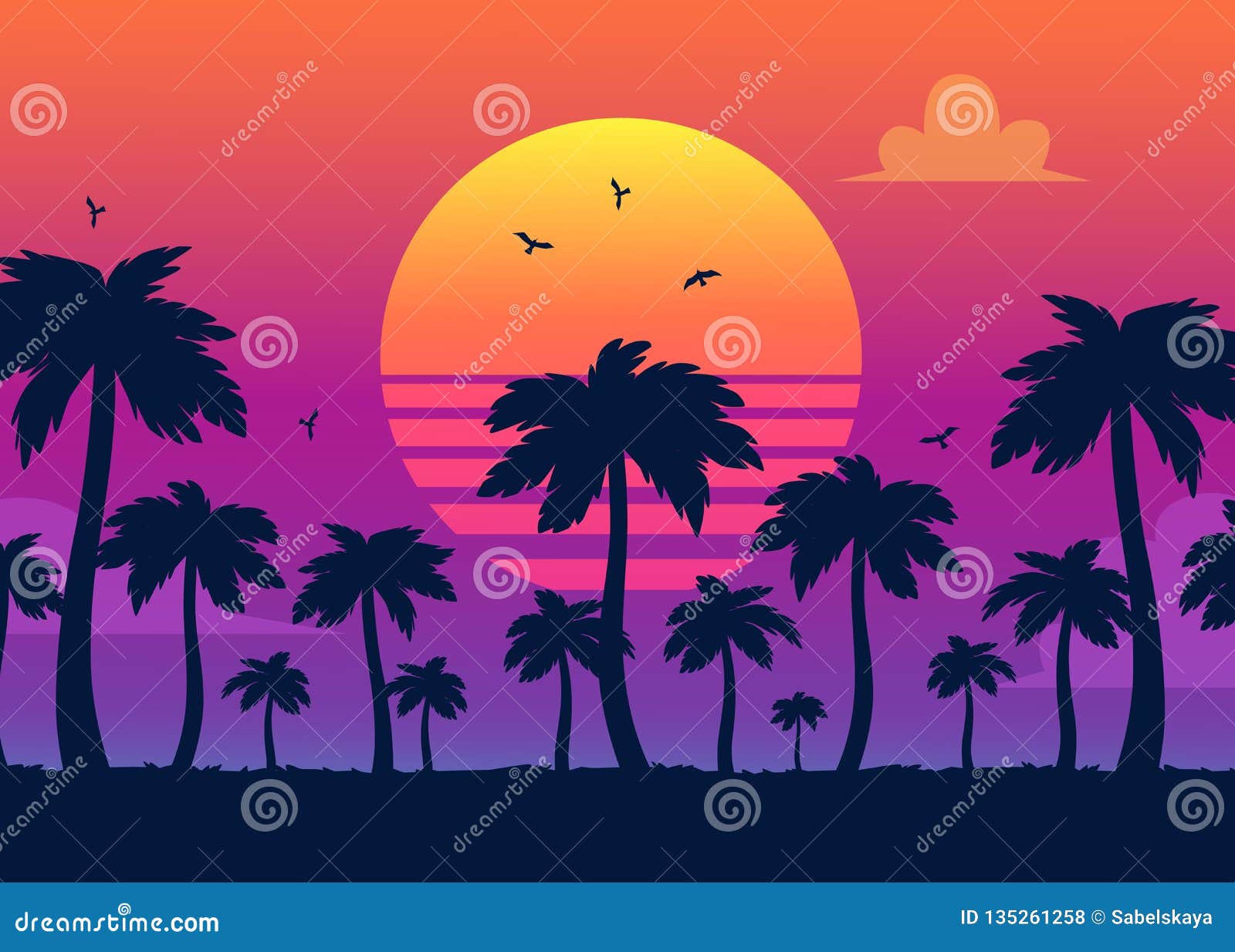 Vector Purple Sunset on Palm Icons Backdrop Stock Vector - Illustration ...