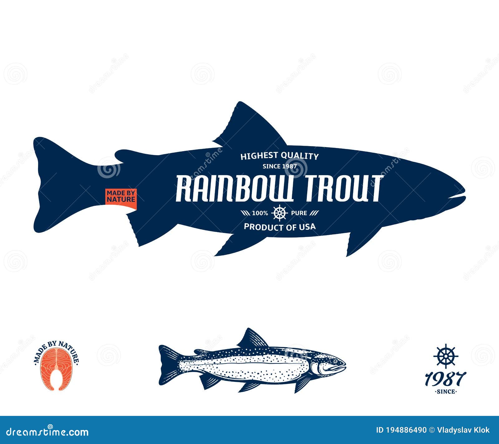 Vector rainbow trout label stock vector. Illustration of river 194886490