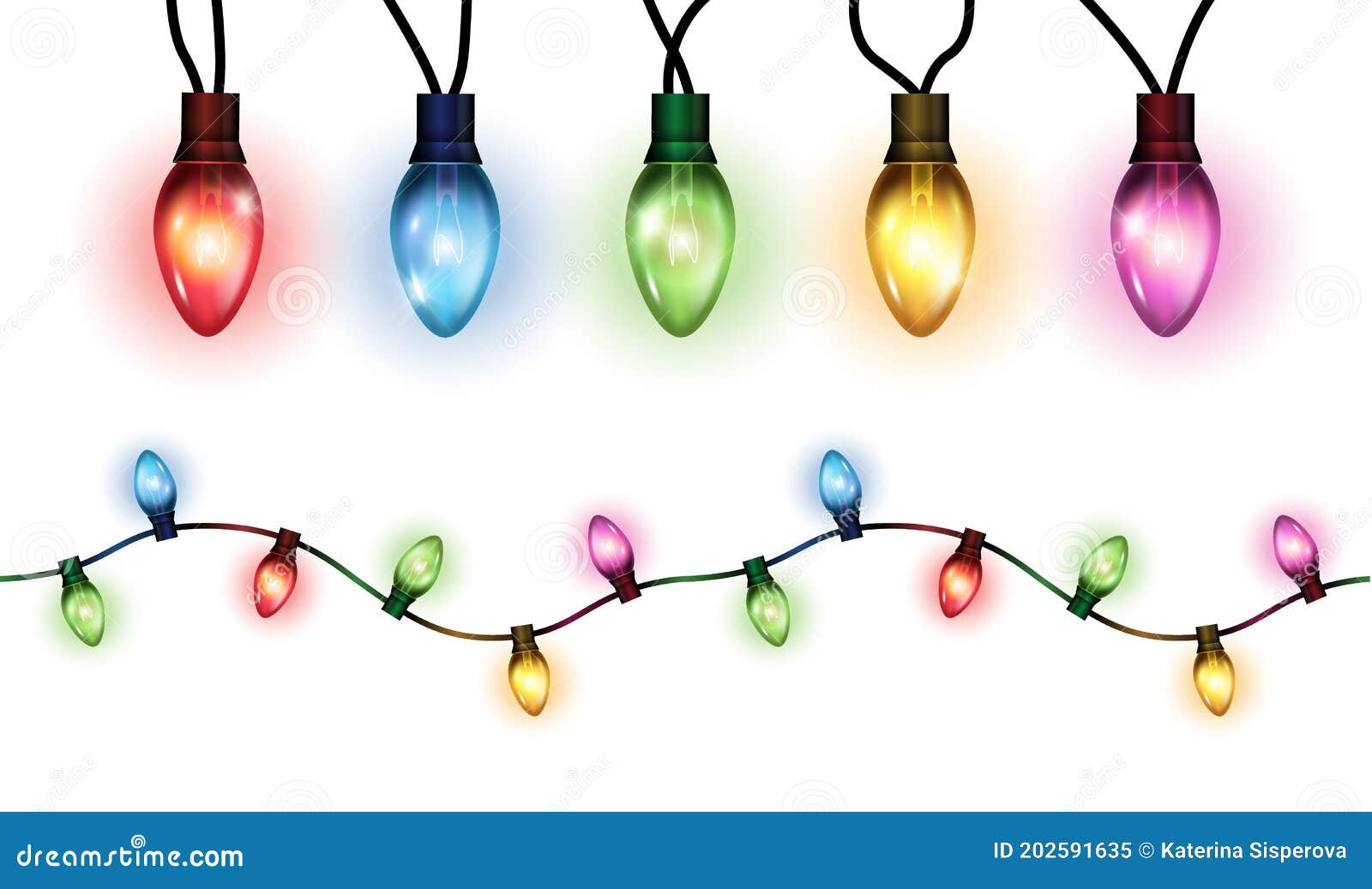 realistic glowing colorful christmas lights in seamless pattern and individual hanging light bulbs  on white backgr