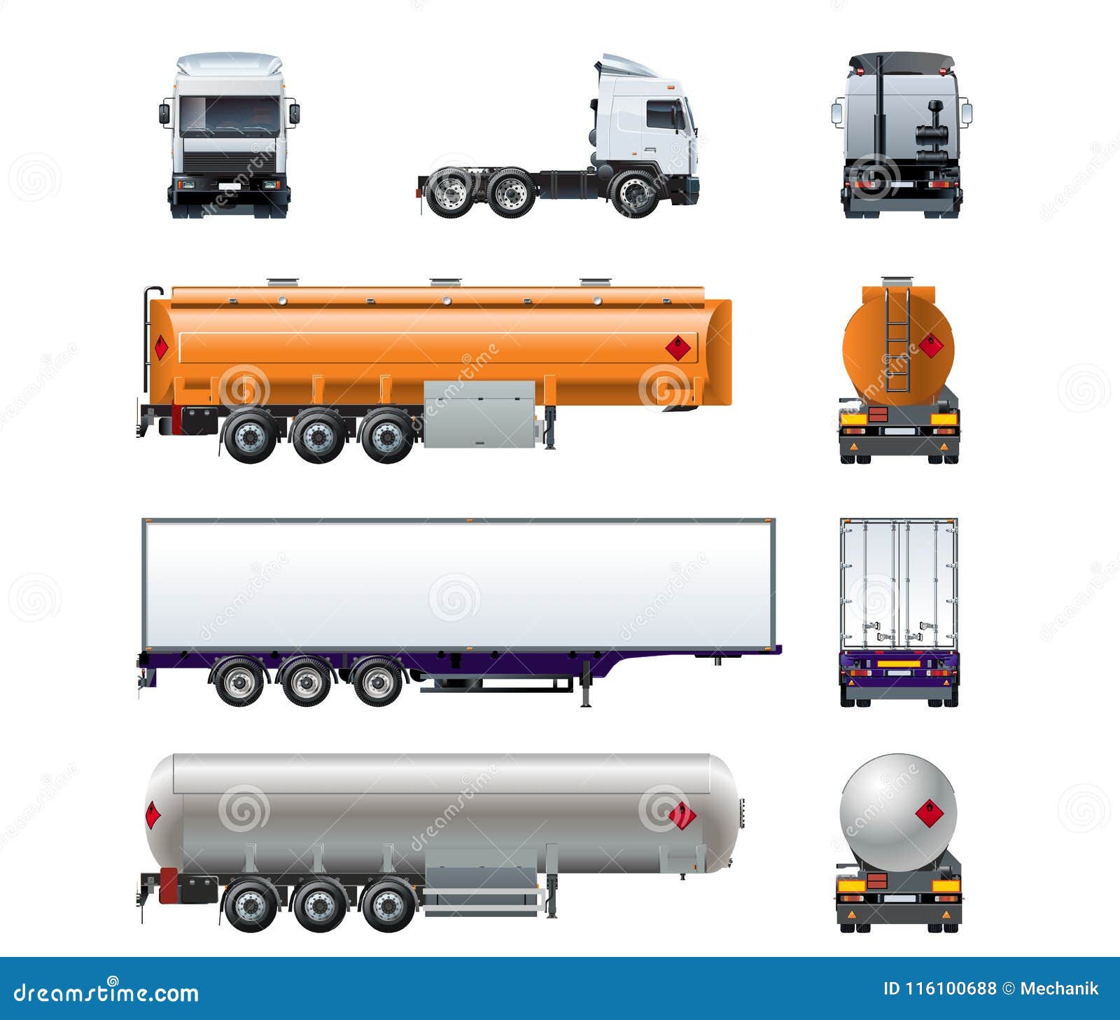 Vector Realistic Semi Truck Mockup Set Isolated On White Vector Realistic Semi Truck Mockup Set Isolated On White