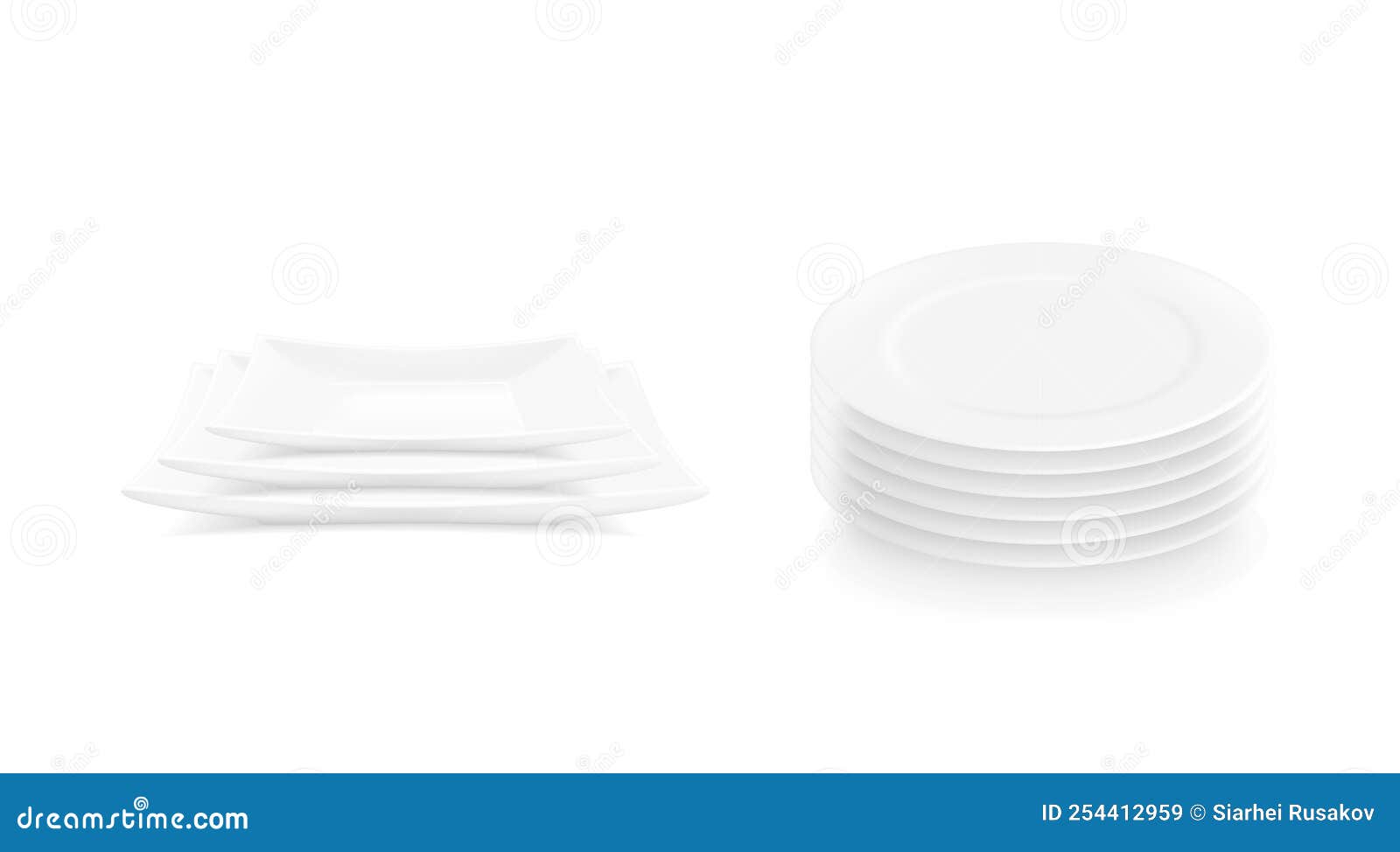 Vector Realistic Stacks of Plates. White Porcelain Plates in Stacks