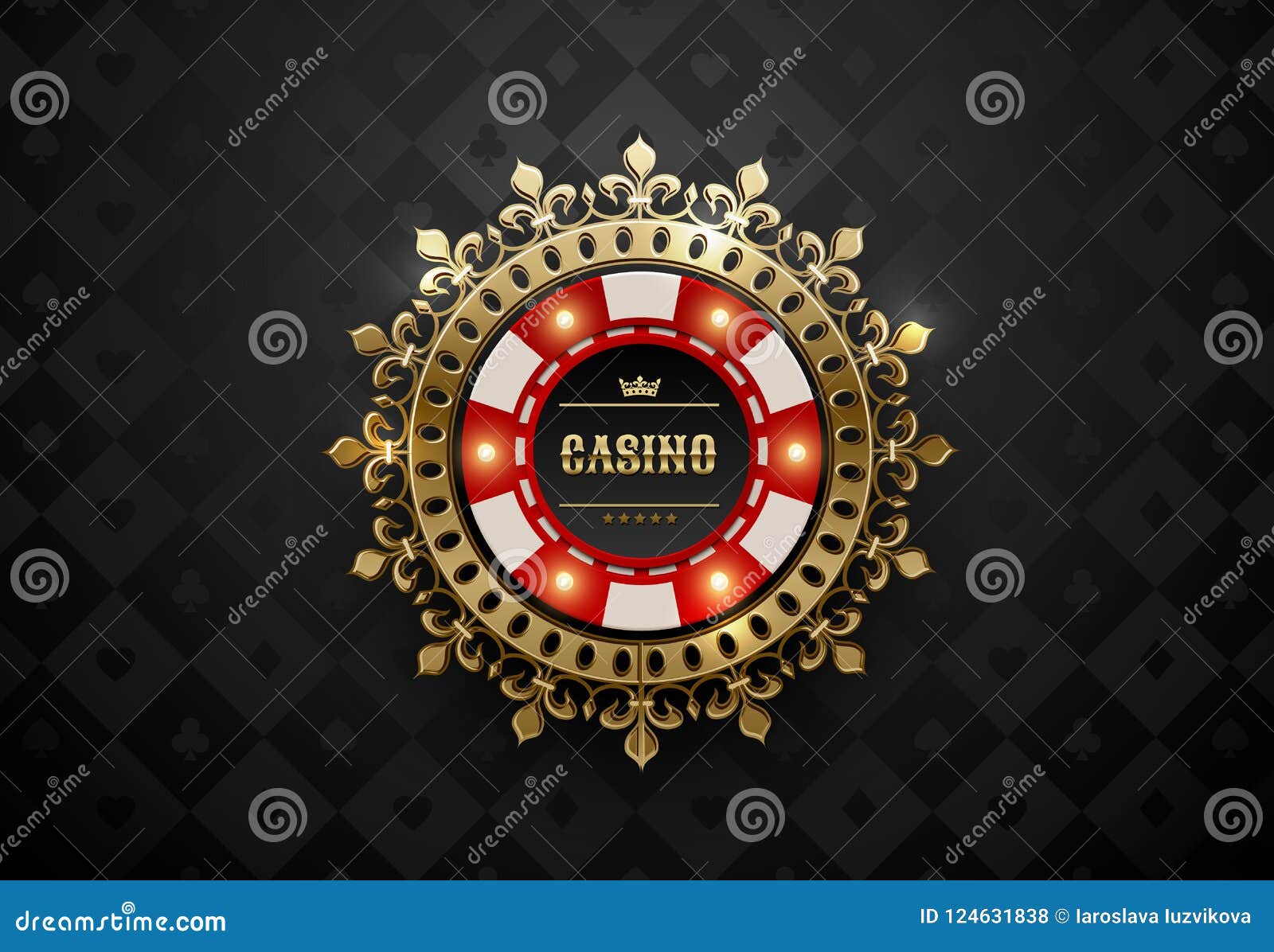  red white casino poker chip with luminous light s and golden crown wreath frame. black silk geometric card suits