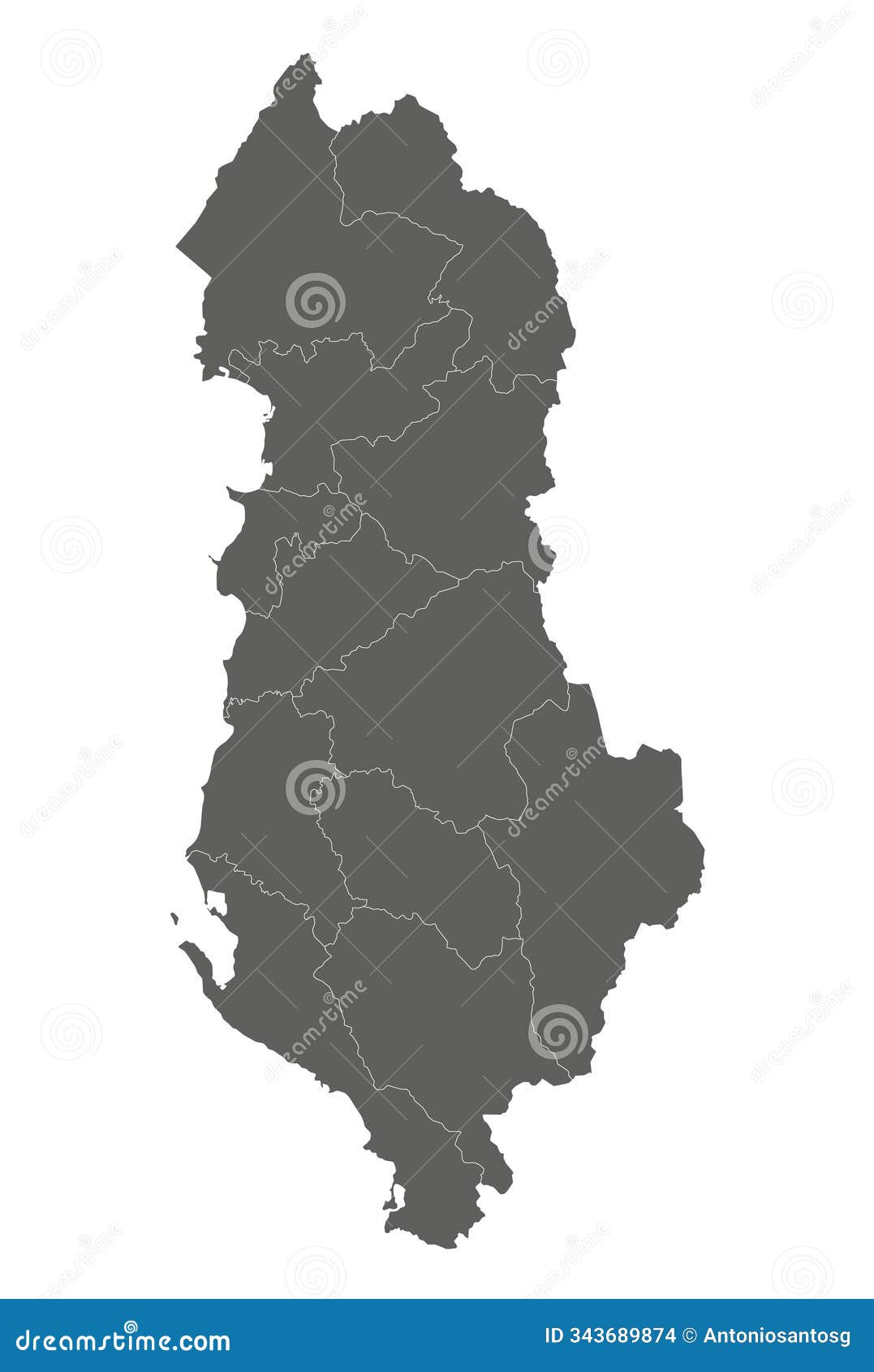  regional blank map of albania with counties or territories and administrative divisions.