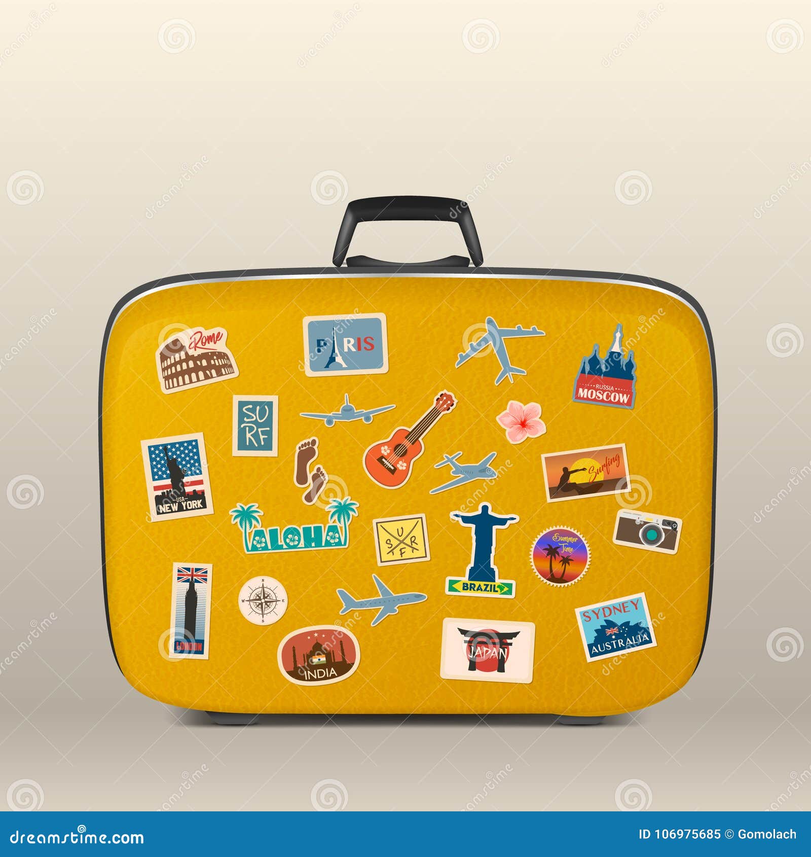 Aufkleber Reise-Koffer mit Kompass und Weltkarte. 
