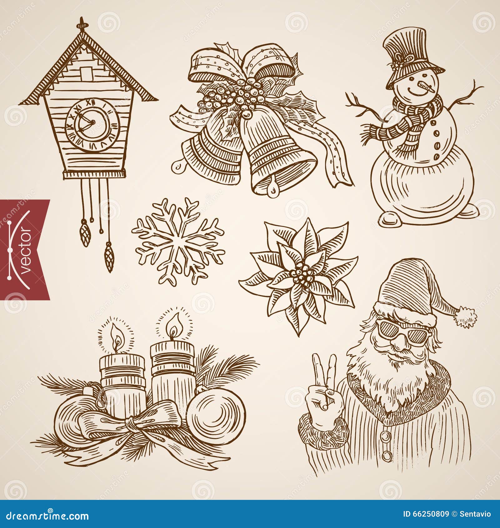 Vector retro del muñeco de nieve divertido handdrawn de santa del Año Nuevo de la Navidad. La mala vela divertida de la campana del muñeco de nieve de Papá Noel arrullar-arrulla reloj Objetos handdrawn de la plantilla del estilo del grabado del Año Nuevo de la Navidad fijados Encierre la marca de rayitas cruzadas del lápiz que trama el ejemplo retro del lineart del vintage del dibujo de papel