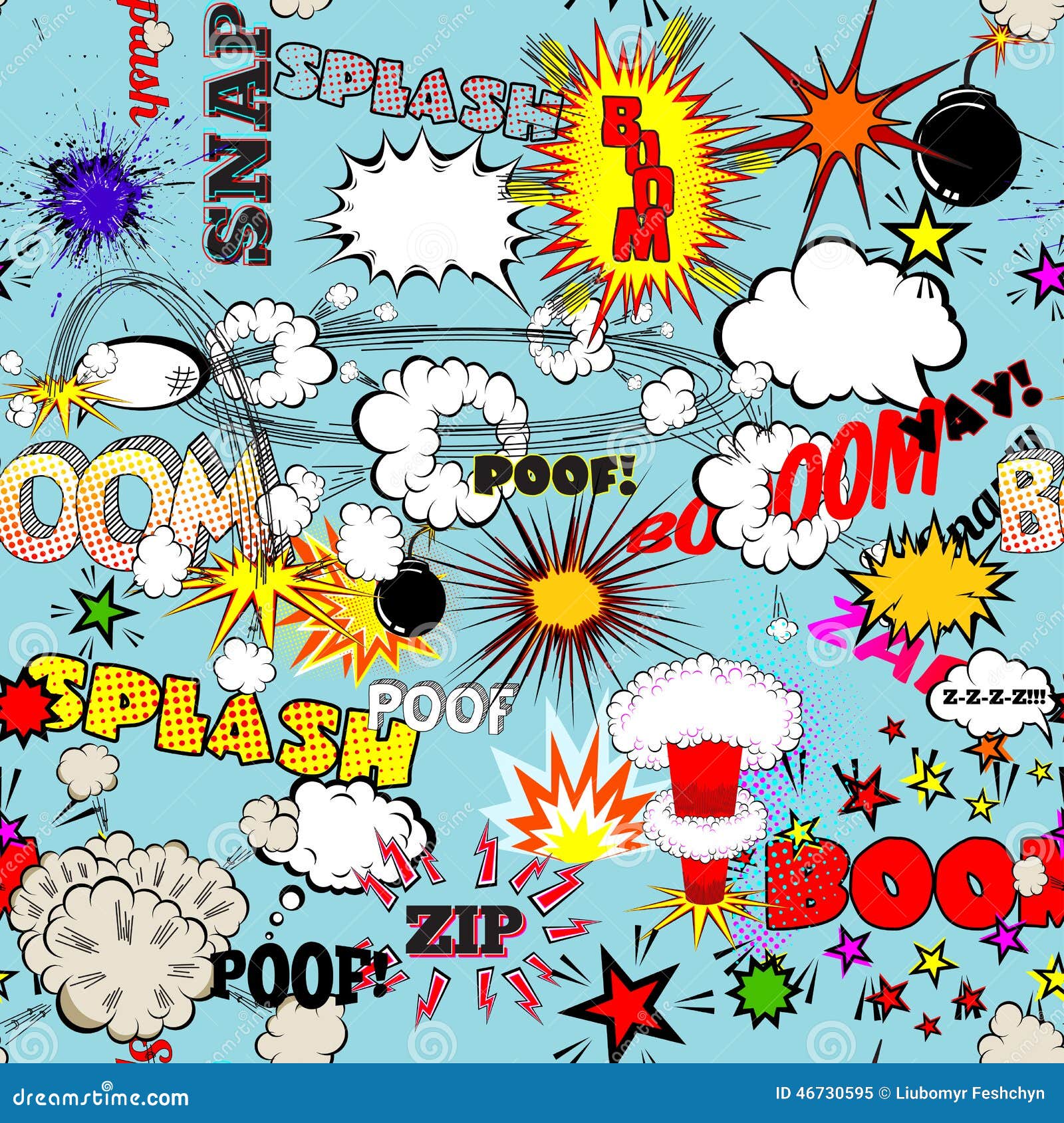  retro seamless pattern with comic speech bubbles, labels, logos and comic book words