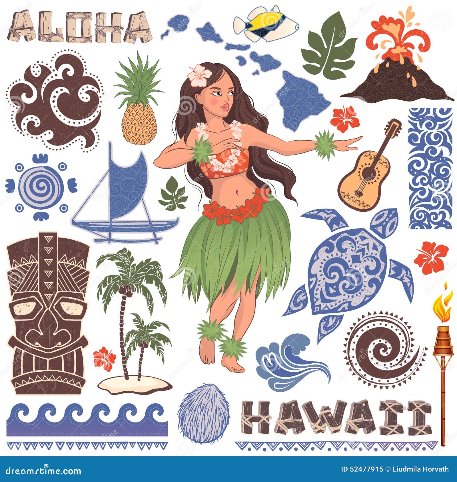 Vector Retro Set of Hawaiian Icons and Symbols Stock Vector