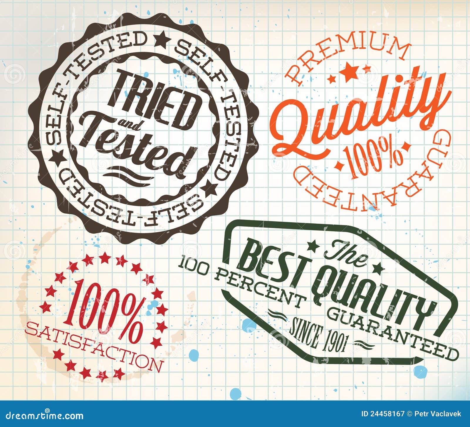 Vector Retro Vintage Stamps on Old Squared Paper Stock Vector